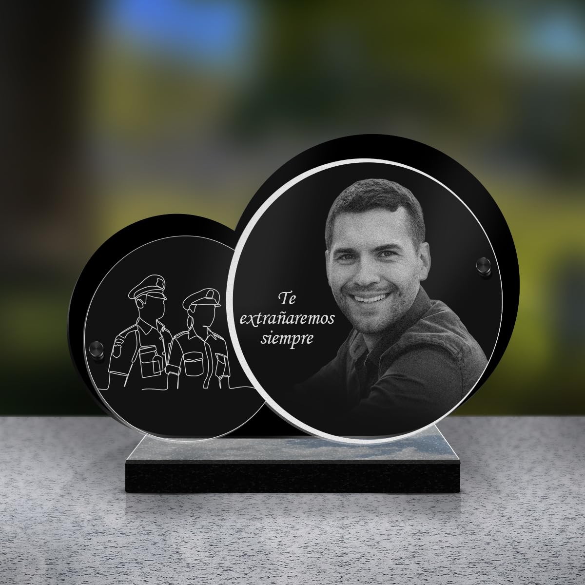 Eternel - Placa Funeraria Personalizada Doble Círculo Fuente Foto y Texto Personalizable, Placa funeraria grabada con láser para Homenaje, Placa de Cementerio, Tumba, funerales, exequias