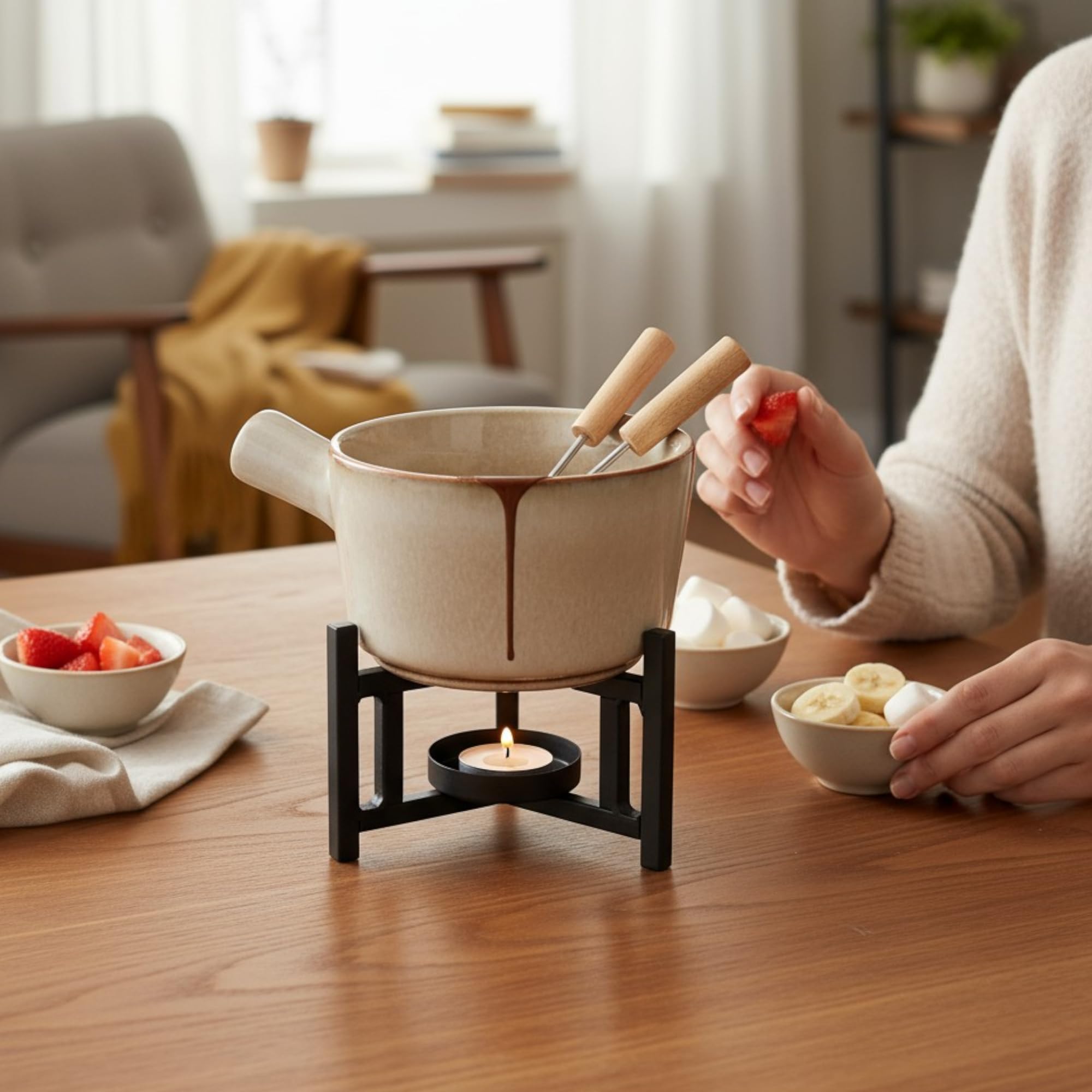 MIJOMA Fondue Set für 2 Personen – Keramiktopf mit Metallgestell & Edelstahlgabeln – Schokoladen- & Käsefondue – 450ml – stilvolles Tisch-Set für romantische Abende & Geschenke