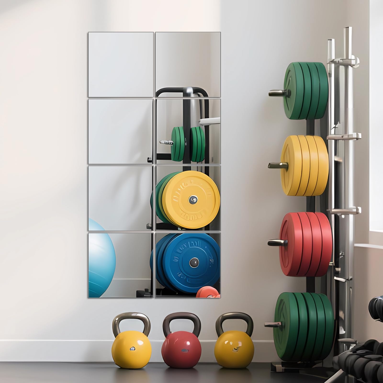Ruomeng Gym Mirror Tiles - 14" x 12" x 12Pcs Wall Mounted Mirror Glass Frameless Full Length Mirror Tiles for Home Gym, Bedroom, Door & Bathroom: 10"x10"-8pcs