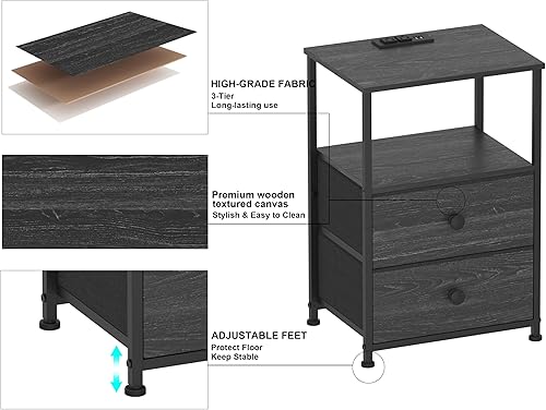 Miniatura 8 de Tohomeor Mesa auxiliar con estación de carga, luz LED, cajones de tela y puertos USB, color carbón Carbón