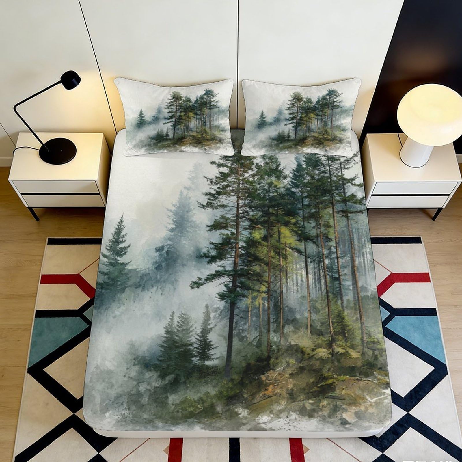 Pnayamiorkfel Style-7 3D Printed Misty Forest Fitted Sheet Microfiber Soft Woodland Pine Trees Mattress Cover For Bedroom Guest Room Decor 90X200x25cm