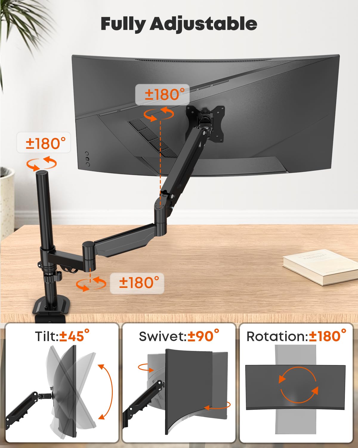 PUTORSEN Soporte para Monitor de Mesa de 17 a 32 Pulgadas, Brazo extralargo de 669 mm, Brazo Ajustable para Monitor Individual de hasta 9 kg, VESA 75/100 mm