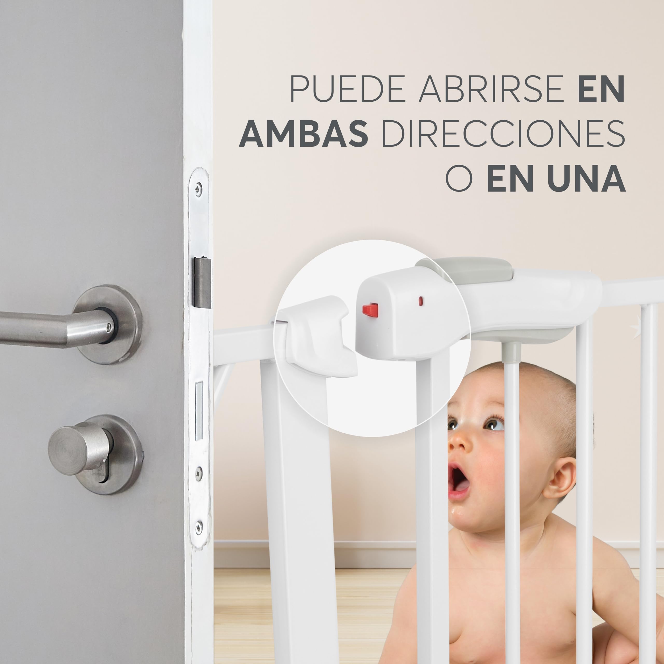 KikkaBoo Barrera de Seguridad de Niños para Puertas y Escaleras All Safe, Valla Seguridad Infantil, Cierre Automático, Extensible 125 cm, Barandilla Escalera, Fácil de Instalar, Blanco