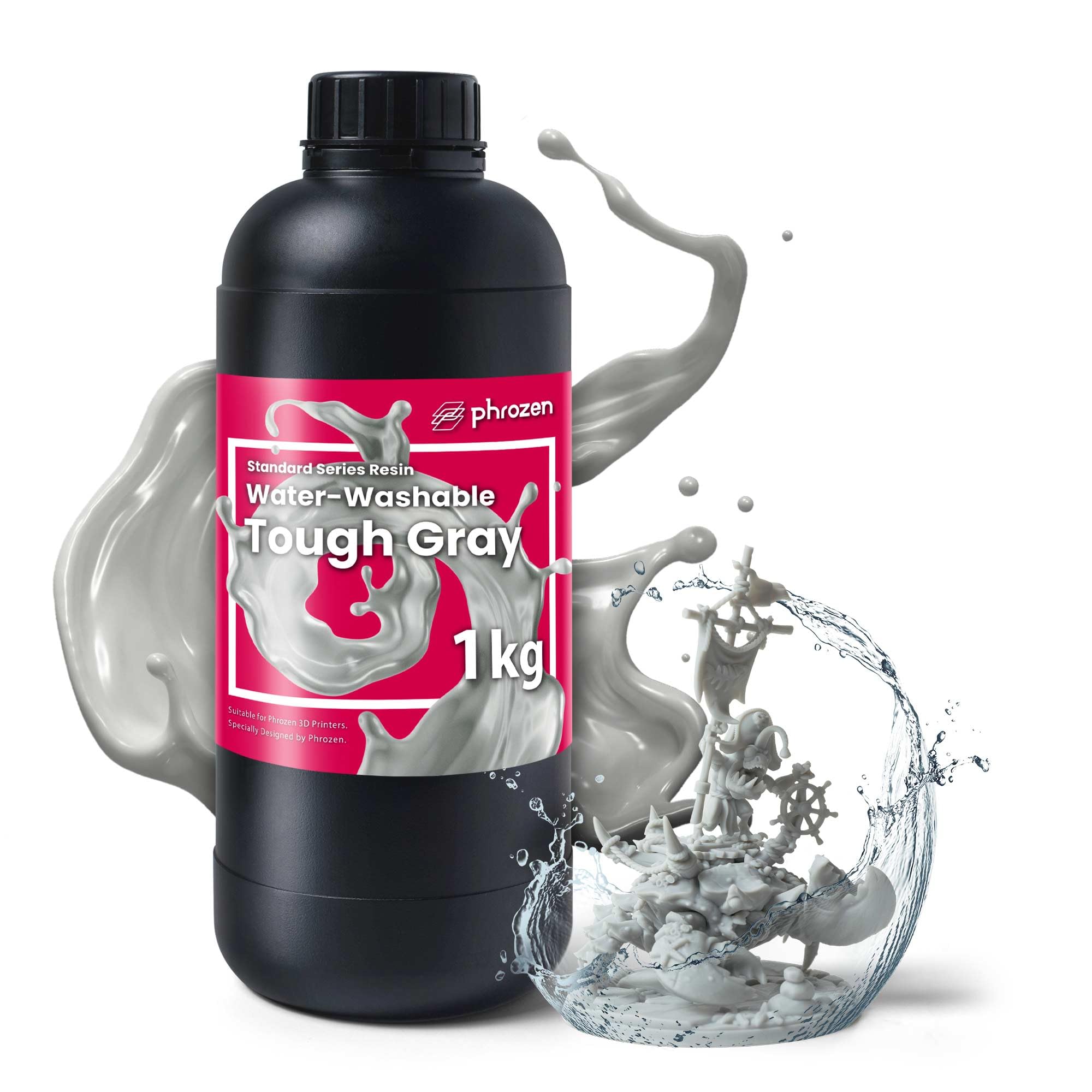 Phrozen Water-Washable Tough | Resina Lavable en Agua para Impresoras 3D | Resina Fotopolímero UV 405nm para Impresoras LCD | Bajo Olor, Curado Rápido | Gris (1kg)