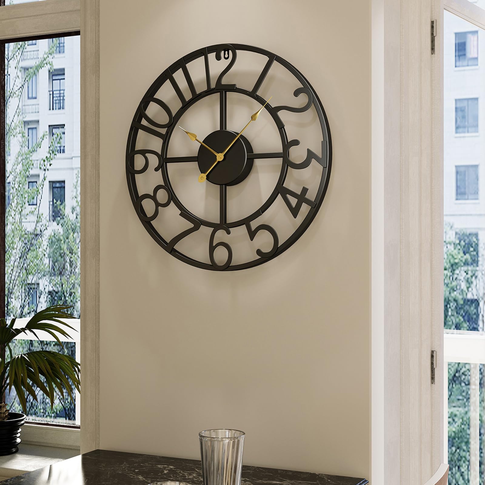 Black 16 Inch Wall Clock Decorative, Modern Metal Clock for Lving Room, Battery-Operated Silent Non Ticking Arabic Numerals Wall Clocks for Bedroom, Kitchen, Dining Room, Office