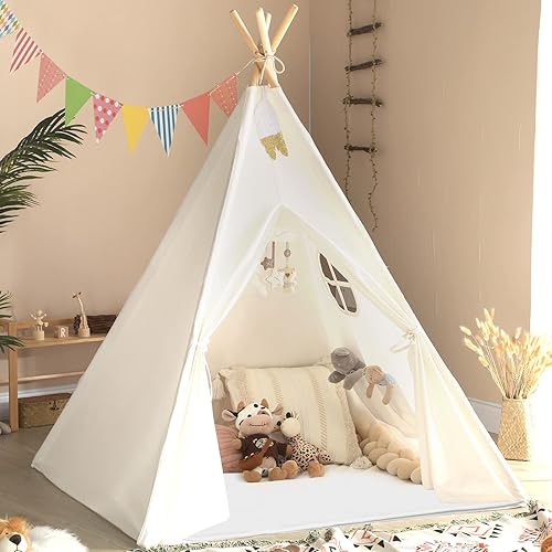 Sumbababy Tienda de campaña tipi para niños con funda de transporte, tienda de campaña de lona natural, juguetes para niñasniños para jugar en