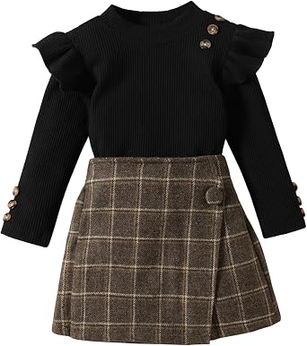 Fernvia Toddler Girl Fall Winter Clothes Ruffles Long Sleeve Shirt and Plaid Shorts Skirt Kids Little Girl 2Pcs Outfits Set