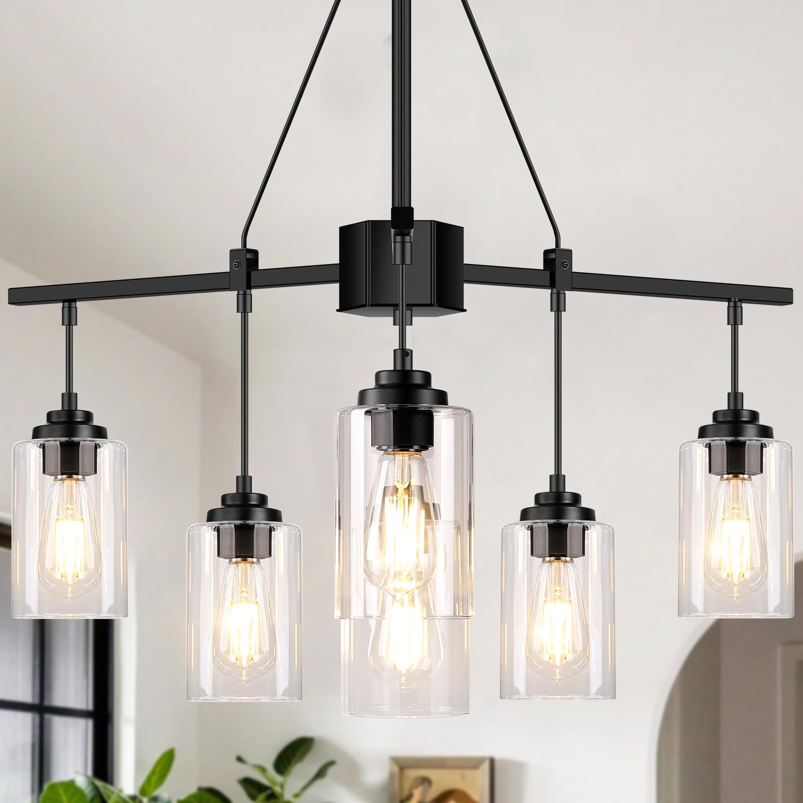 6-Light Black Chandelier 31 Modern Dining Room Light Fixture Industrial Chandelier for Dining Over Table Height Adjustable Pendant