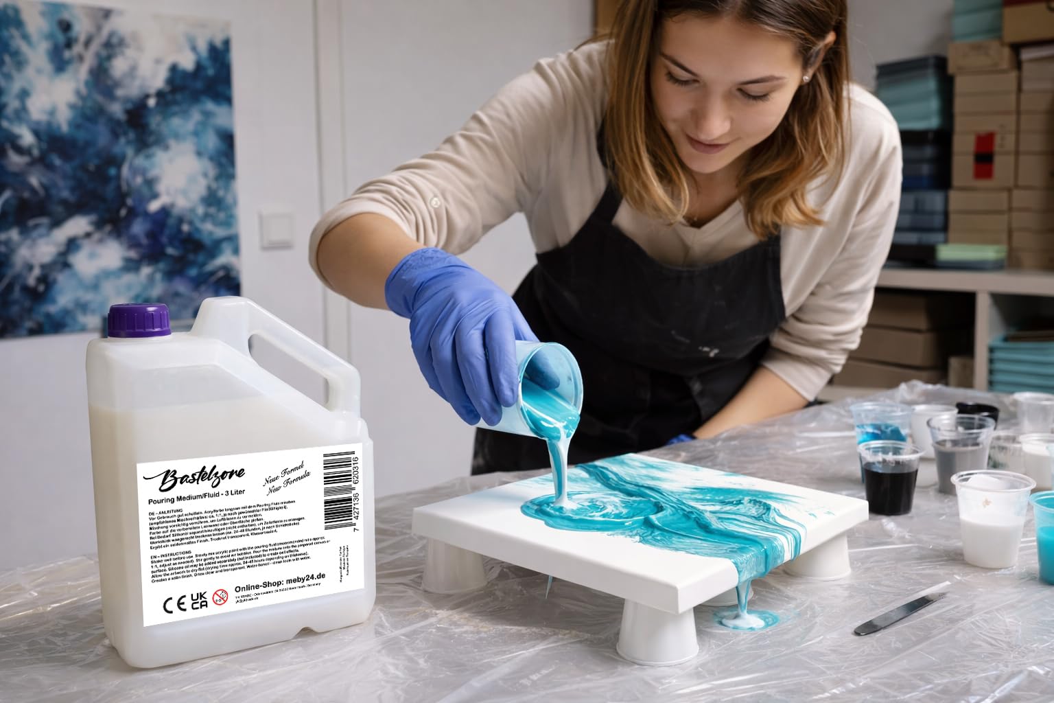Pouring Medium – Material acrílico para fluido art, técnicas de vertido y tecnología de flujo – aumenta el flujo de color, transparente, satinado, no amarillea, flexible (3 litros)