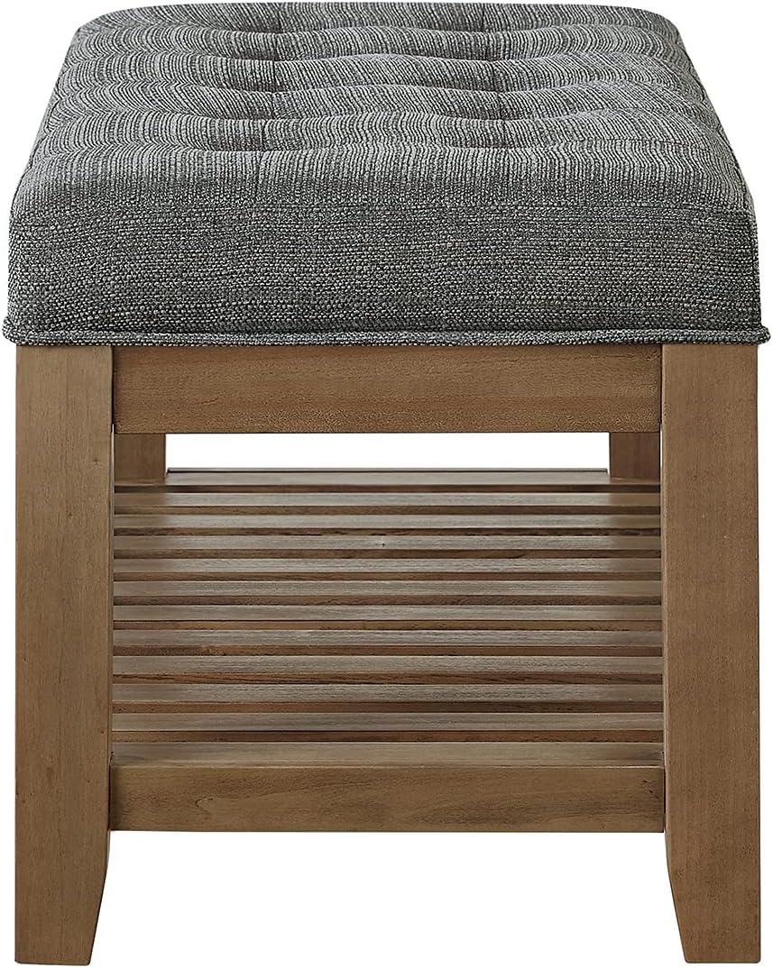 24KF Large Rectangular Upholstered Tufted Linen Fabric Ottoman Bench, Padded Bench with Solid Wood Shelf-Granite