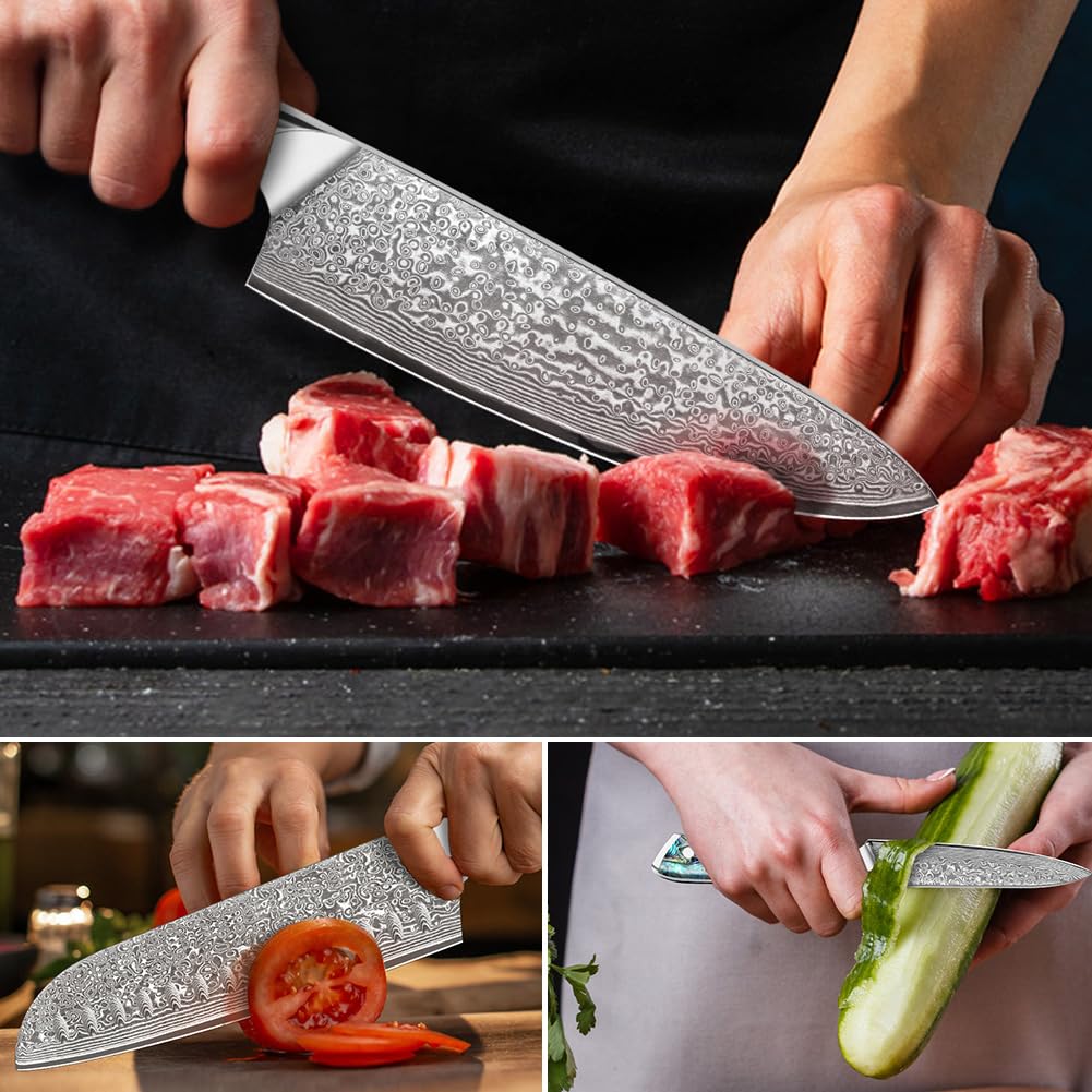 KEENZO 3PCS Kitchen Knife Set,Professional kitchen knives with 8" Chef knife,7" Santoku knife,5" Utility Knife,Japanese Hand Forged Damascus Steel Cooking knife set,Ergonomic Abalone Shell Handle — Amazon image 6