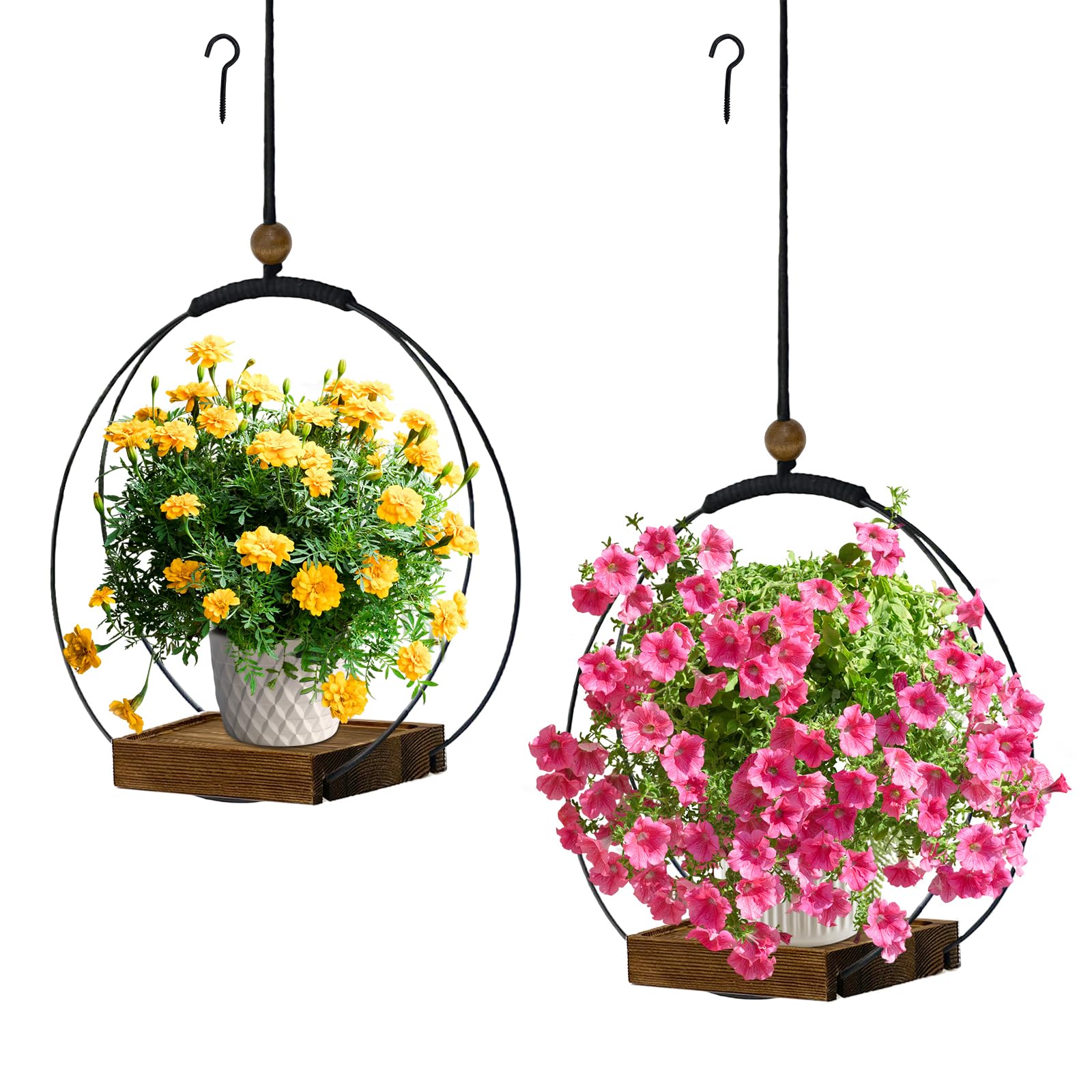 Lot de 2 suspensions d'intérieur modernes en macramé noir avec base en bois robuste pour mur, plafond et fenêtre (plantes/pots non inclus)