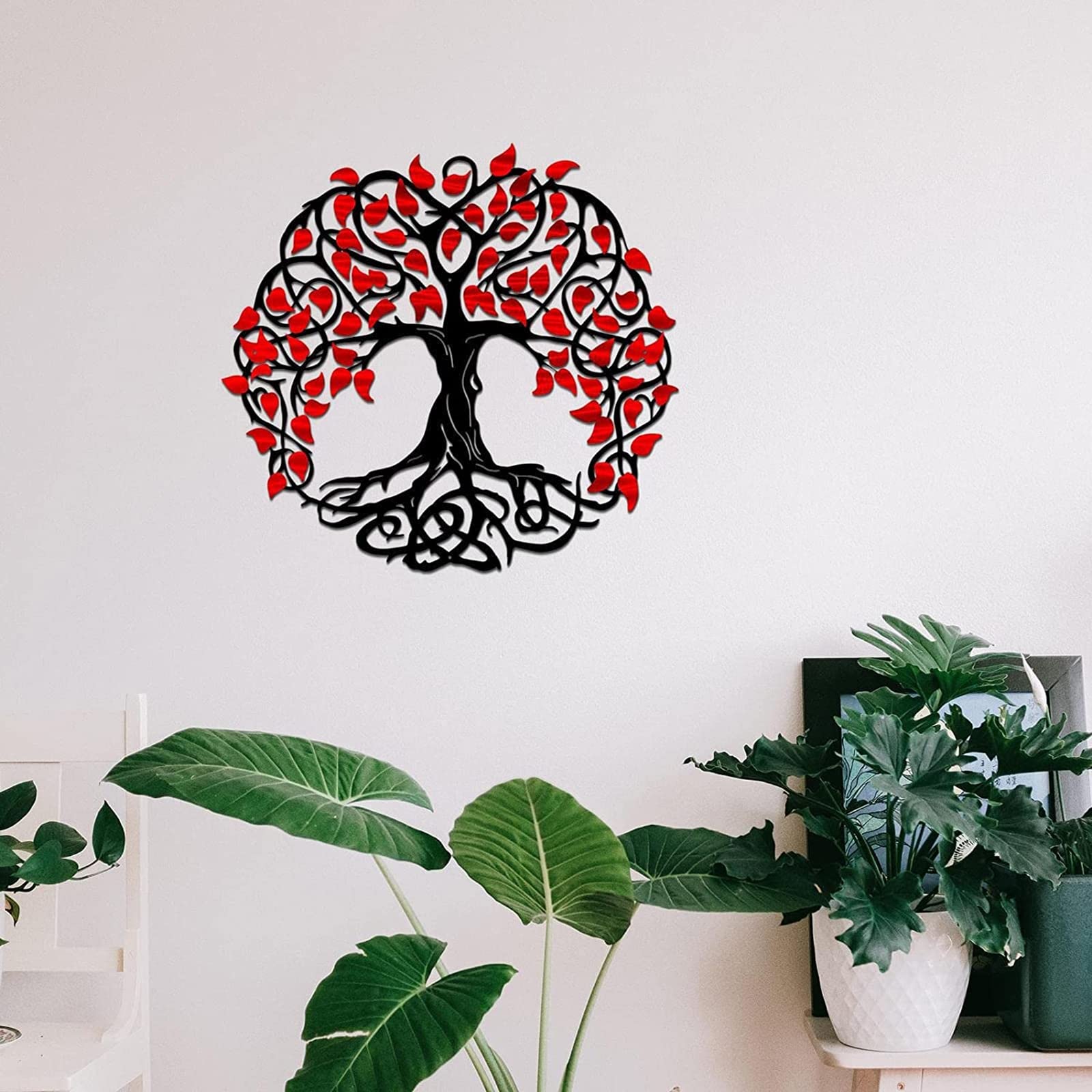 Decoración de Pared Decoración de pared de árbol de la vida de metal de 11,8 pulgadas, decoración de arte de pared de árbol genealógico, letrero de árbol, obra de arte decorativa de hierro (rojo)