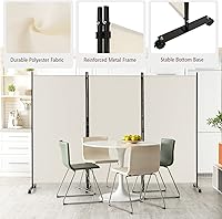 Vista 4 de GOFLAME Divisor de habitación plegable de 3 paneles, pantalla de privacidad enrollable de 6 pies con ruedas bloqueables, pantalla de partición