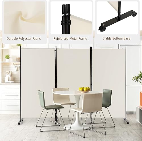 Miniatura 4 de GOFLAME Divisor de habitación plegable de 3 paneles, pantalla de privacidad enrollable de 6 pies con ruedas bloqueables, pantalla de partición de