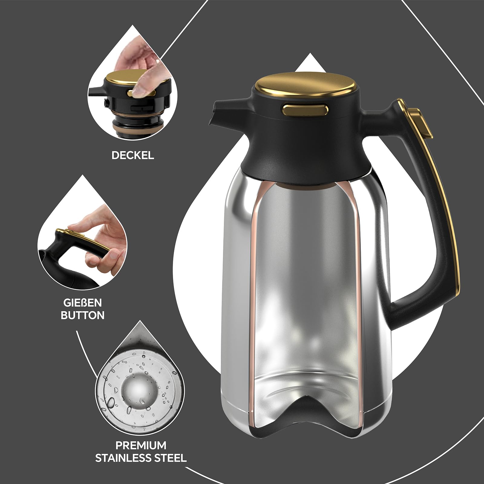 IDEUS® Termo de 2 l, acero inoxidable de doble pared, aislamiento al vacío, tetera caliente para café, sin BPA (negro y dorado)