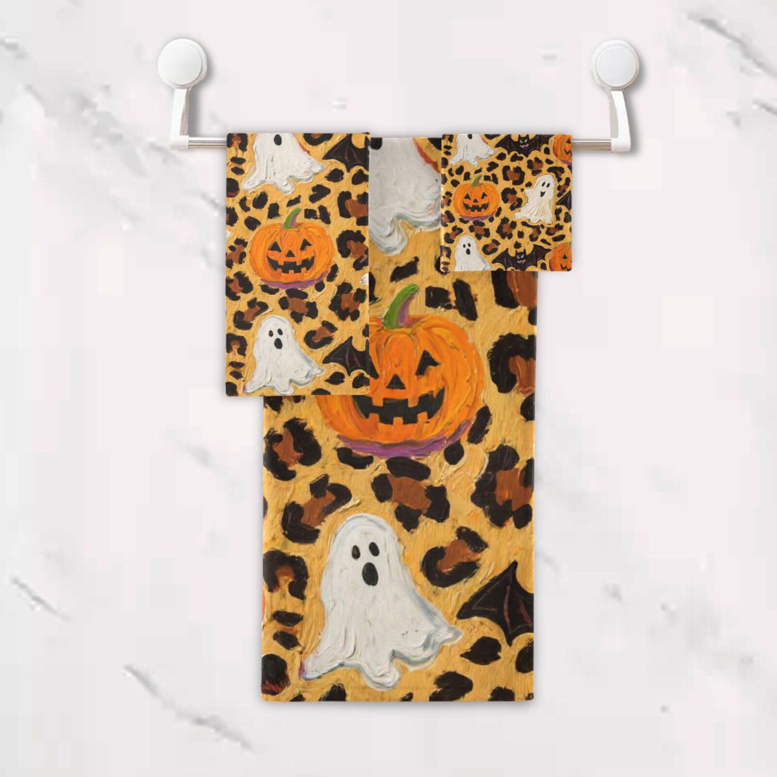 Halloween pomarańczowy lampart dynia szybkoschnące ręczniki do twarzy zestaw 3 sztuk, 1 ręcznik kąpielowy 1 ręcznik do rąk 1 ściereczka do jogi łazienki kuchni