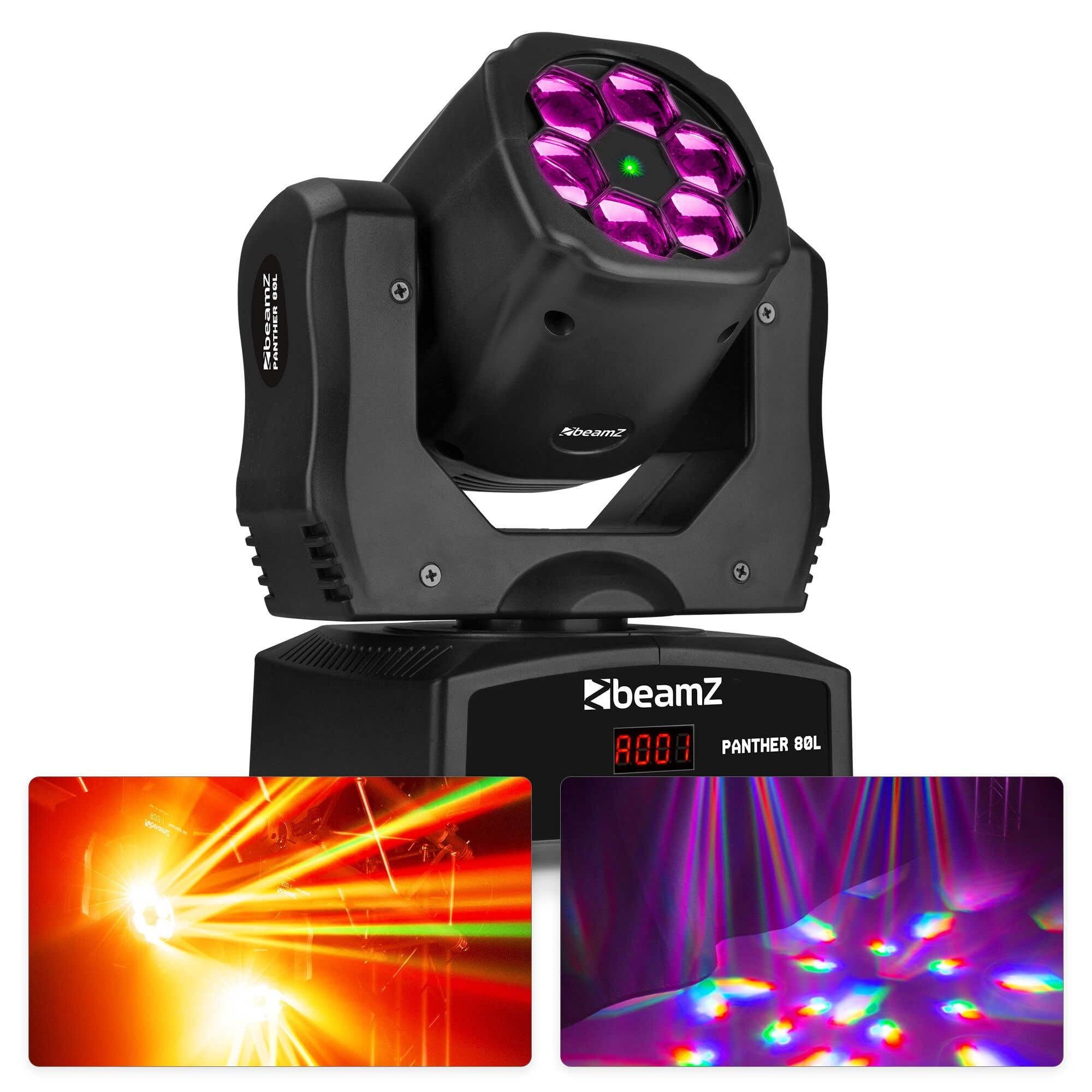 BeamZ Panther80L Bee Eye Moving Head 6×12 W RGBW LEDs, Rotierende Linse, Grüner Pattern Effekt, 540° Pan, 180° Tilt, DMX Soundsteuerung, inkl. Fernbedienung, Kompakt Wash Lichtshow