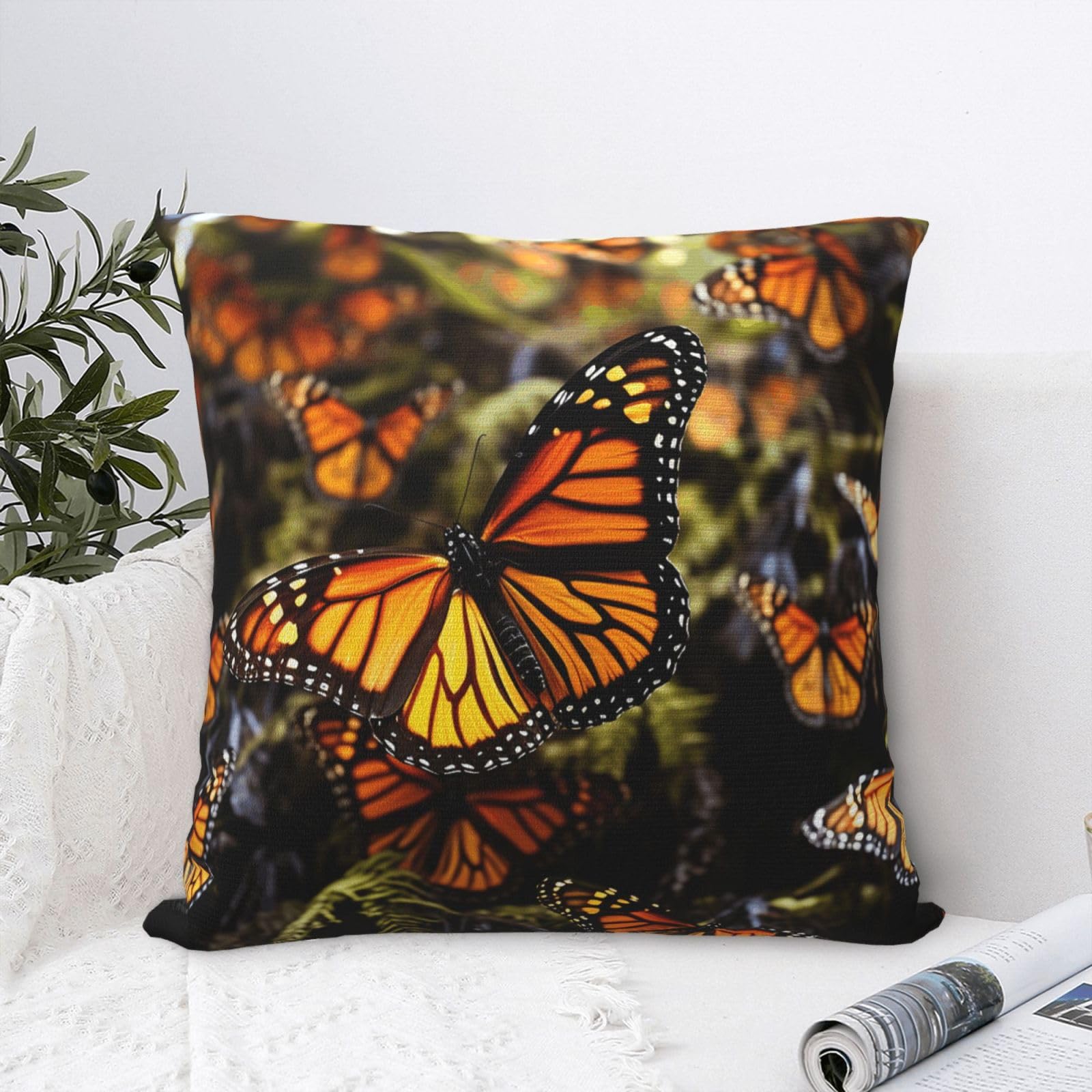 FodPand Luxury Velvet Throw Pillow Covers 24"x24" Super Soft Decorative Pillow Cases - Heaps of Orange Monarch Butterflies Pillowcases Modern Lumbar Cushion Cases for Couch Sofa Bed Pillow Shams