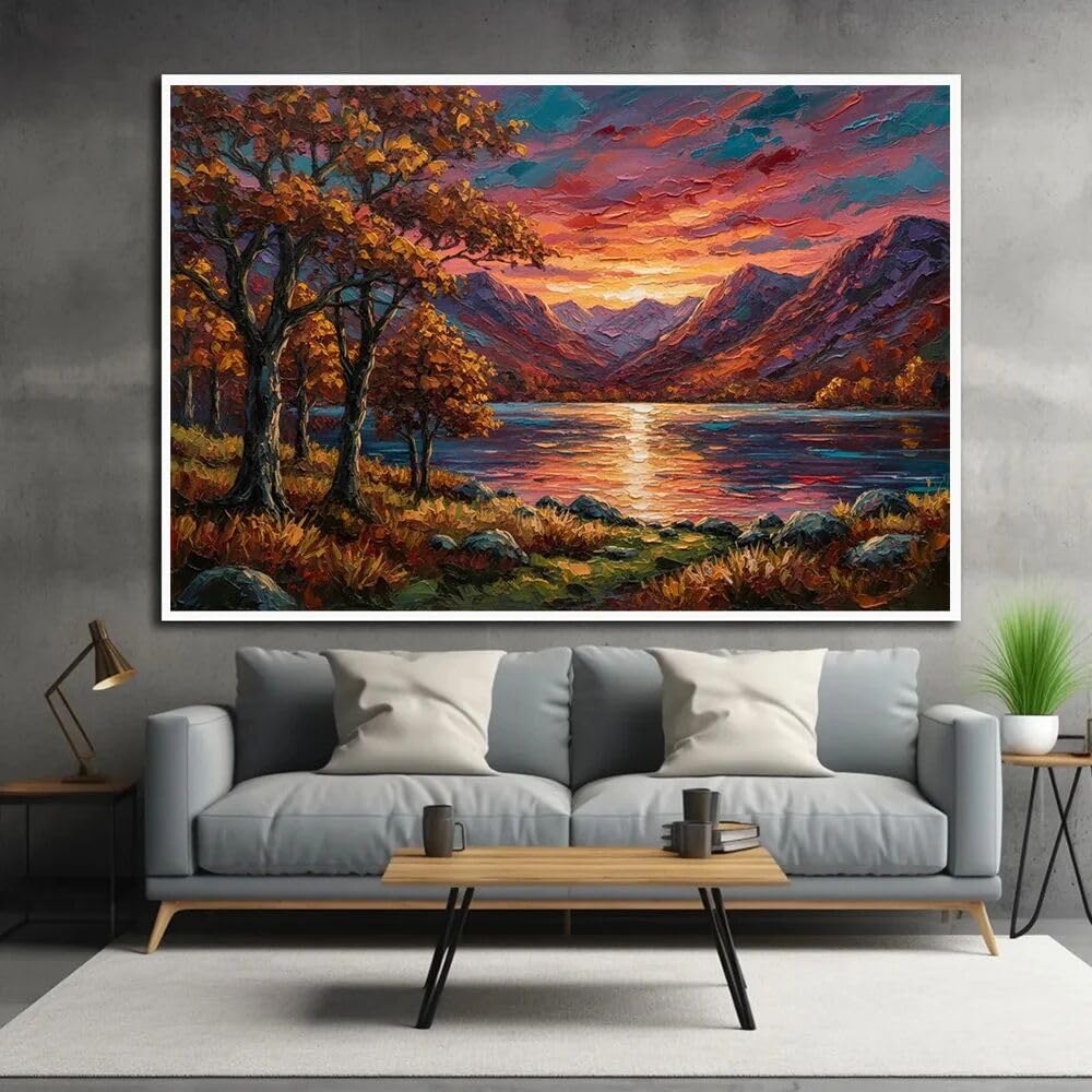 GKUVBF Toile imprimée en impasto représentant un coucher de soleil sur un lac de montagne en automne, paysage naturel texturé, décoration murale pour le salon (50 x 70 cm/cadre intérieur)