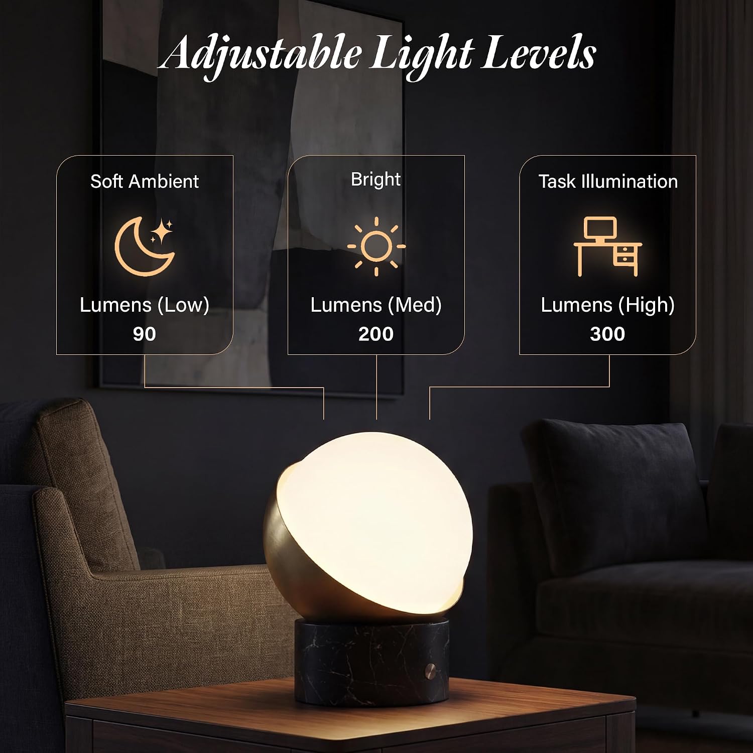 Bulbrite K70701 Kibun ORB Rechargeable Cordless LED Table Lamp, 3-Levels Brightness Touch Sensor Control, Black Marble/Brushed Brass