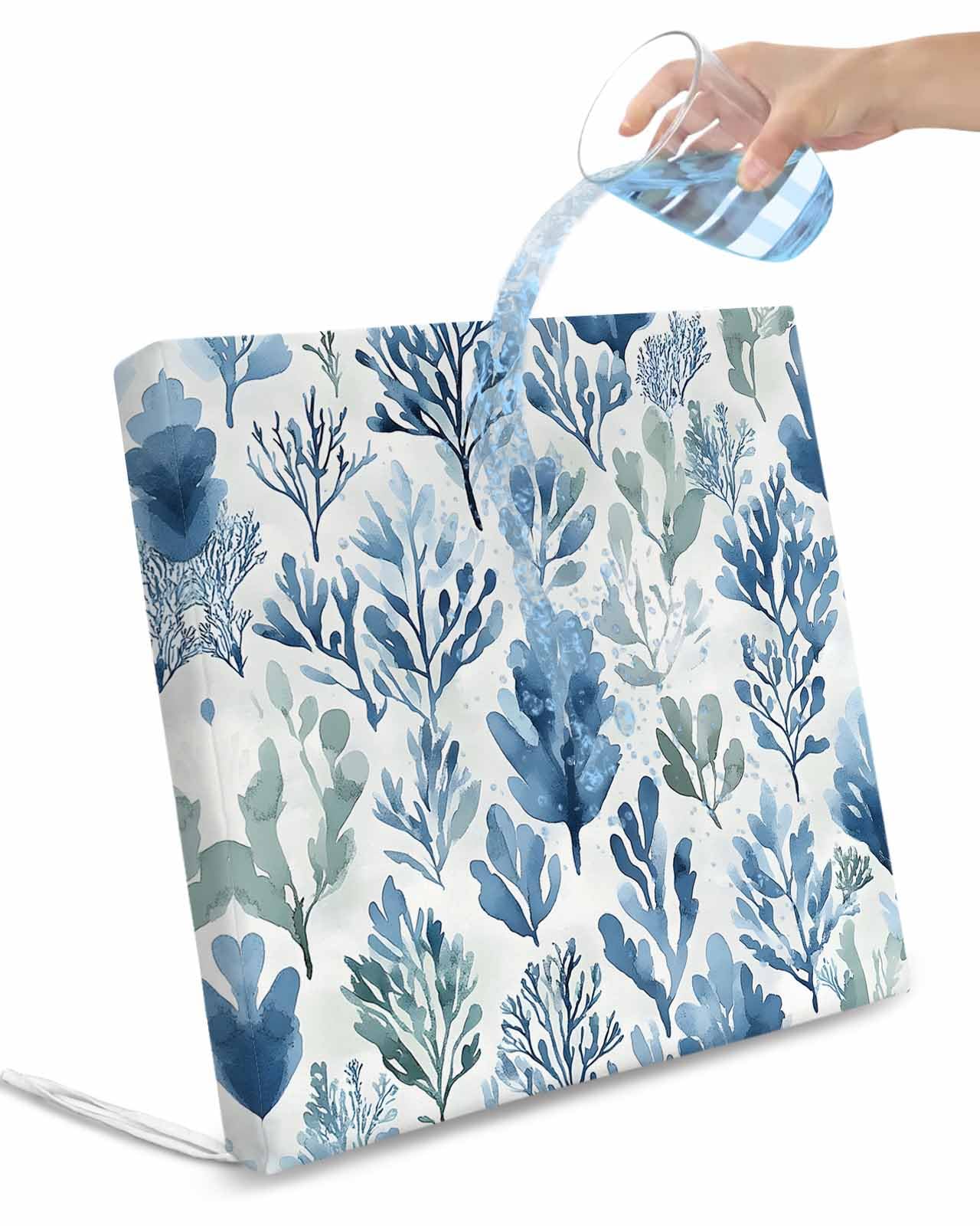 2 Pack Blue Green Botanical Art Waterproof Cushion Covers with Ties, Outdoor Patio Chaise Lounge Chair Seat Cushion Slip Covers Replacement(Only Cover) Watercolor Leaf Elegant Pastoral 20