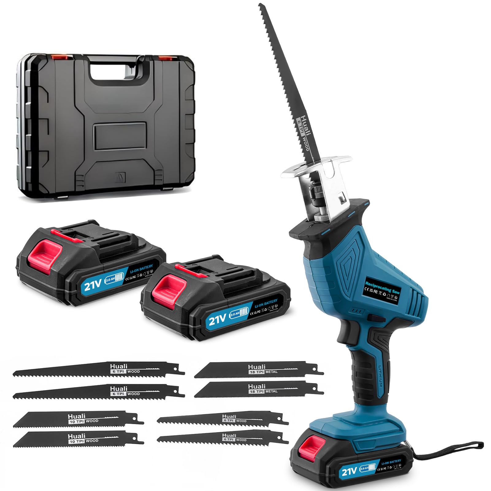 Scie sabre universelle à batterie de 0-4000 tr/min 21V sans fil | Scie réciproque avec éclairage LED et 2 batteries de 2000mAh Chargeur rapide 8 lames de scie pour bois métal PVC pour chantier