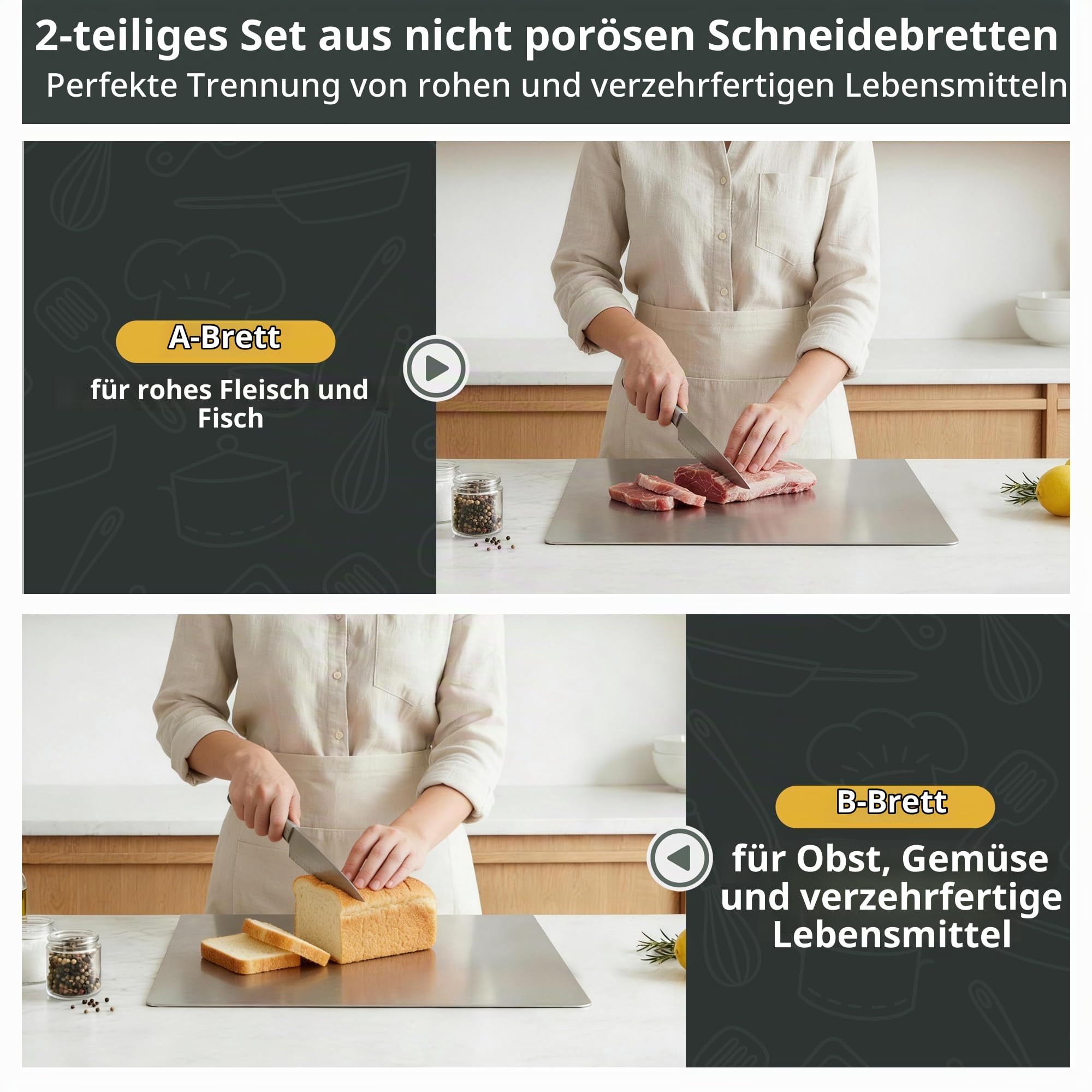 Edelstahl Schneidebrett Set für die Küche, 2er-Pack Metall Schneidebrett mit Kantenanschlag, spülmaschinengeeignetes Schneidebrett für Fleisch, Gemüse, Obst, Brot & Teigkneten (40 x 30 cm)