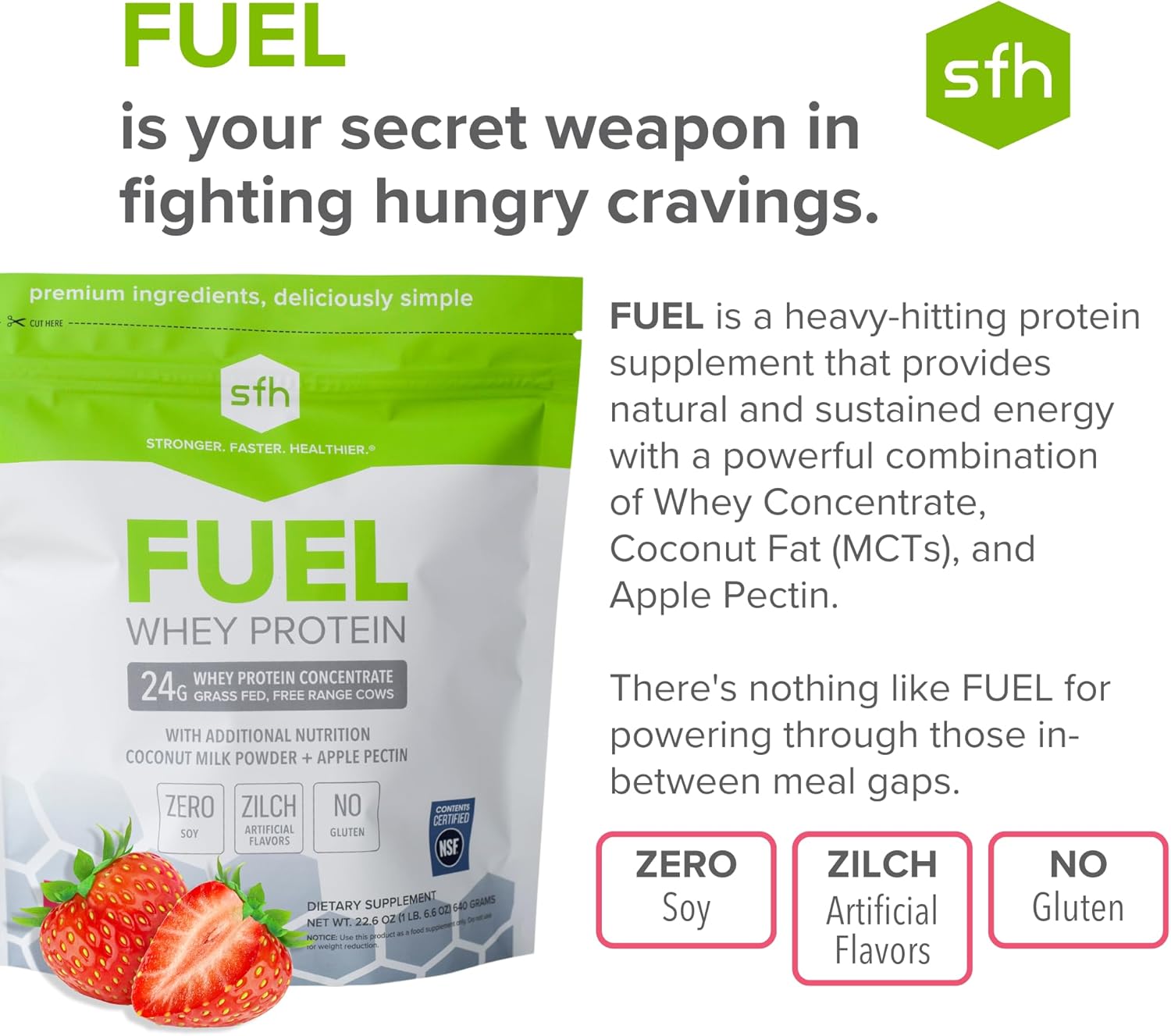 SFH Fuel Whey Protein Powder Great Tasting Grass Fed Whey | MCTs & Fiber for Energy | All Natural | Soy Free, Gluten Free, No RBST, No Artificial Flavors (Strawberry (1.6lb Bag)) - Image 3