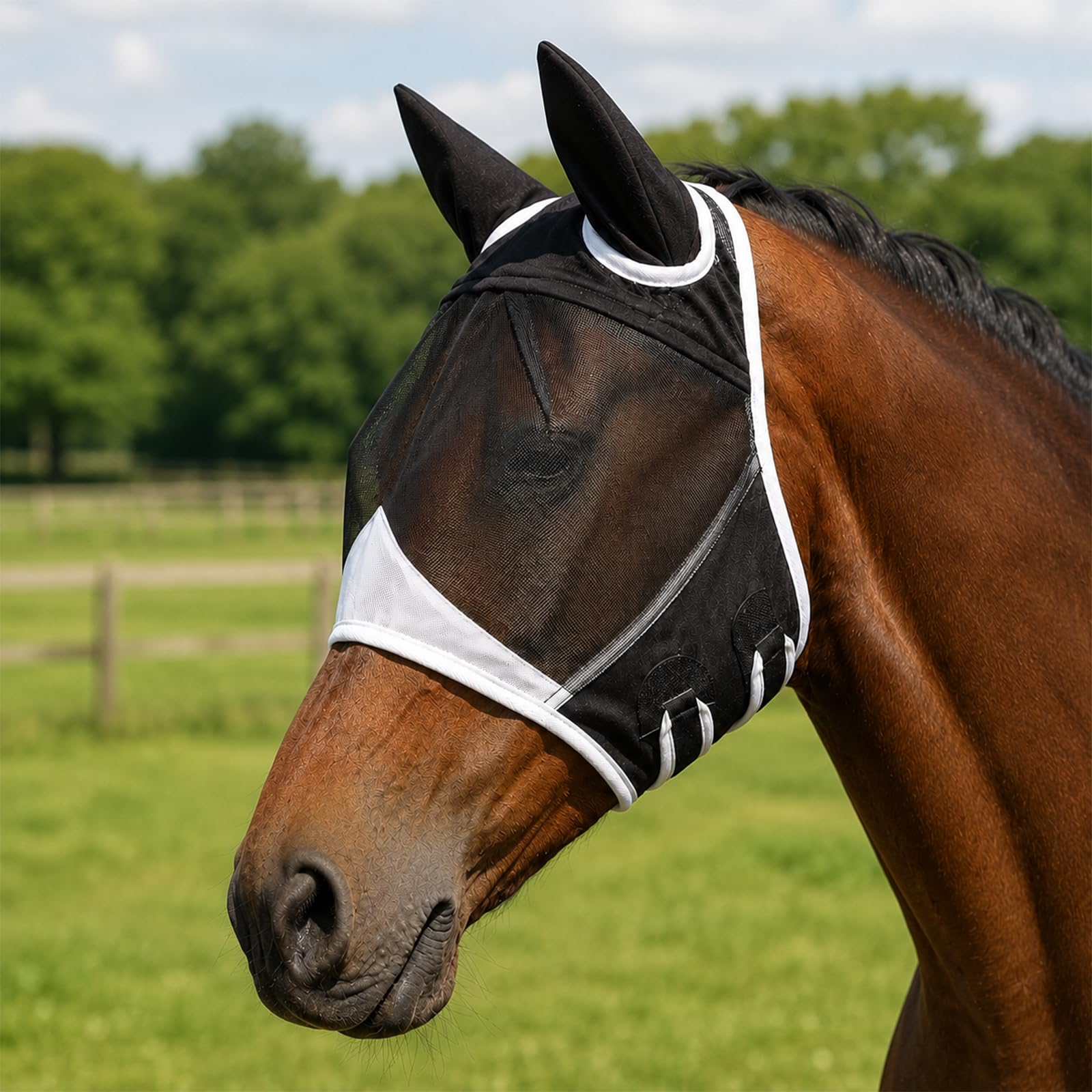 Horse Fly Mask with Ears, Breathable Mesh Fly Mask for Horses and Ponies, Black Horse Face Mask with Hook and Loop Fastening, Equine Fly Veil for Turnout, Stable and Pasture Use, Retro Large Full Size — image 1