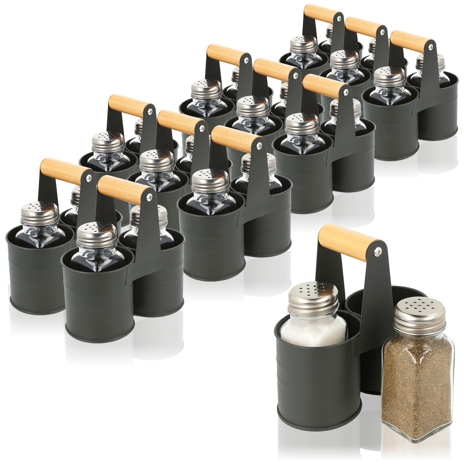 com-four® 36-teiliges Gewürzstreuer Set aus Glas - Salz und Pfeffer mit passender Halterung aus Metall - Gewürzgläser mit Schraubdeckel für Küche und Gastronomie (12 Stück - Mit Halterung)