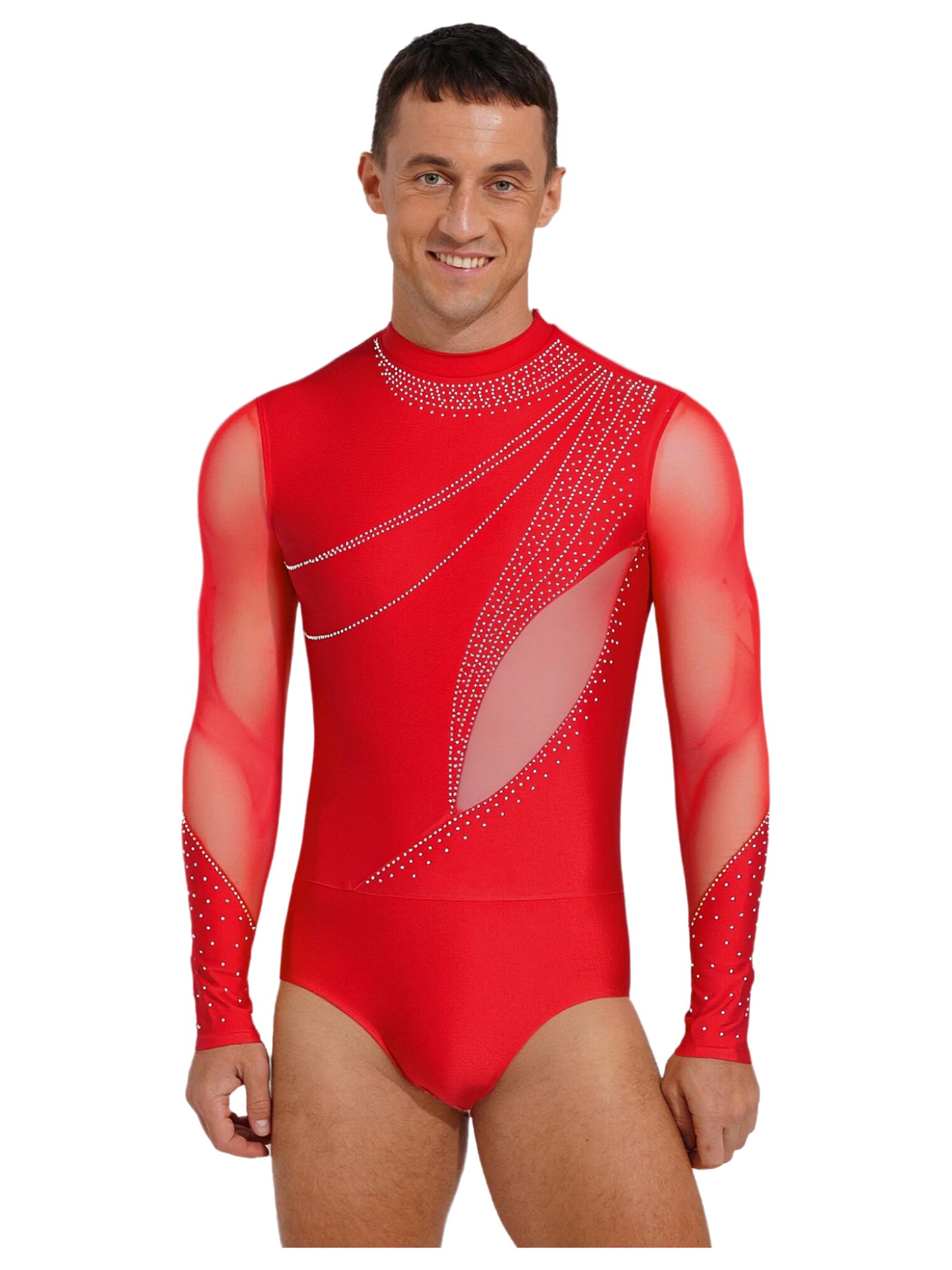 Runhomal Adultos Hombres Traje De Patinaje Artístico Top Baile Latino para Hombres Camisa De Patinaje Profesional Manga Larga de Malla