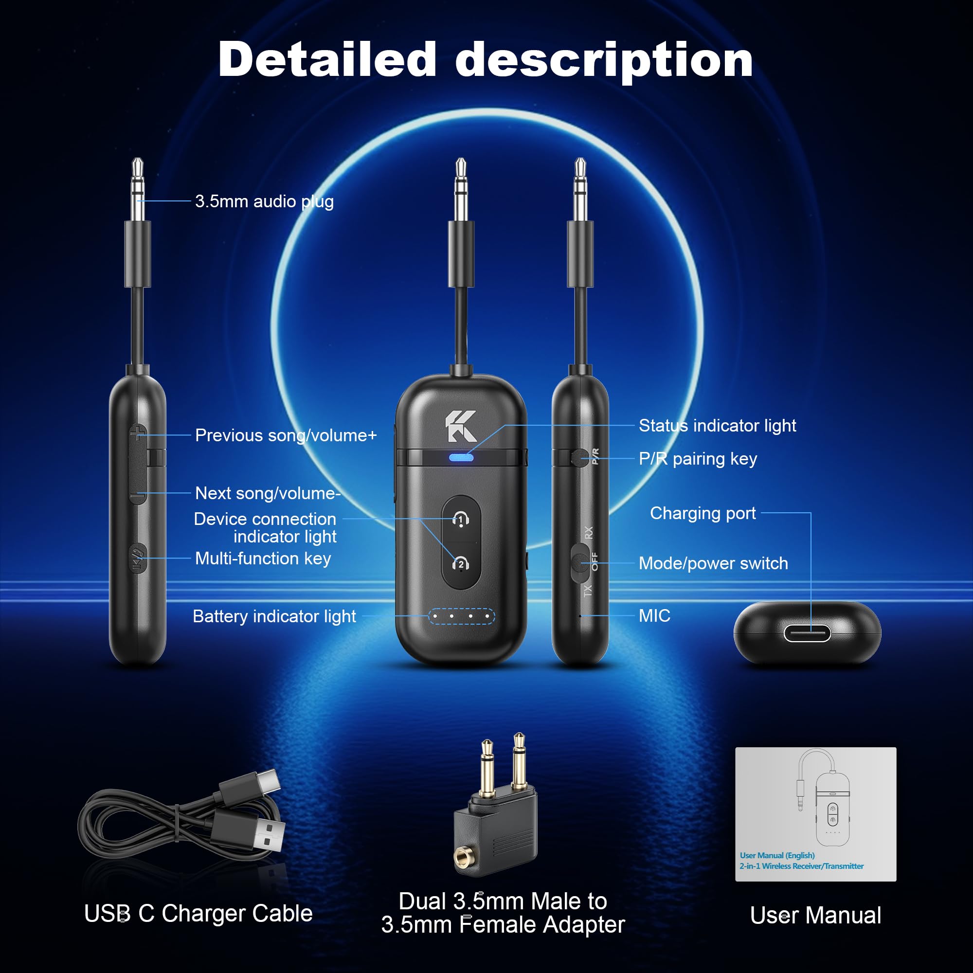 2026 Upgraded Bluetooth 5.4 Transmitter Receiver, 2-in-1 Airplane Bluetooth Adapter, Dual Device Pairing, with 3.5mm Aux Audio Jack for Travel, Aviation, Television, AirPods, Car — view 7