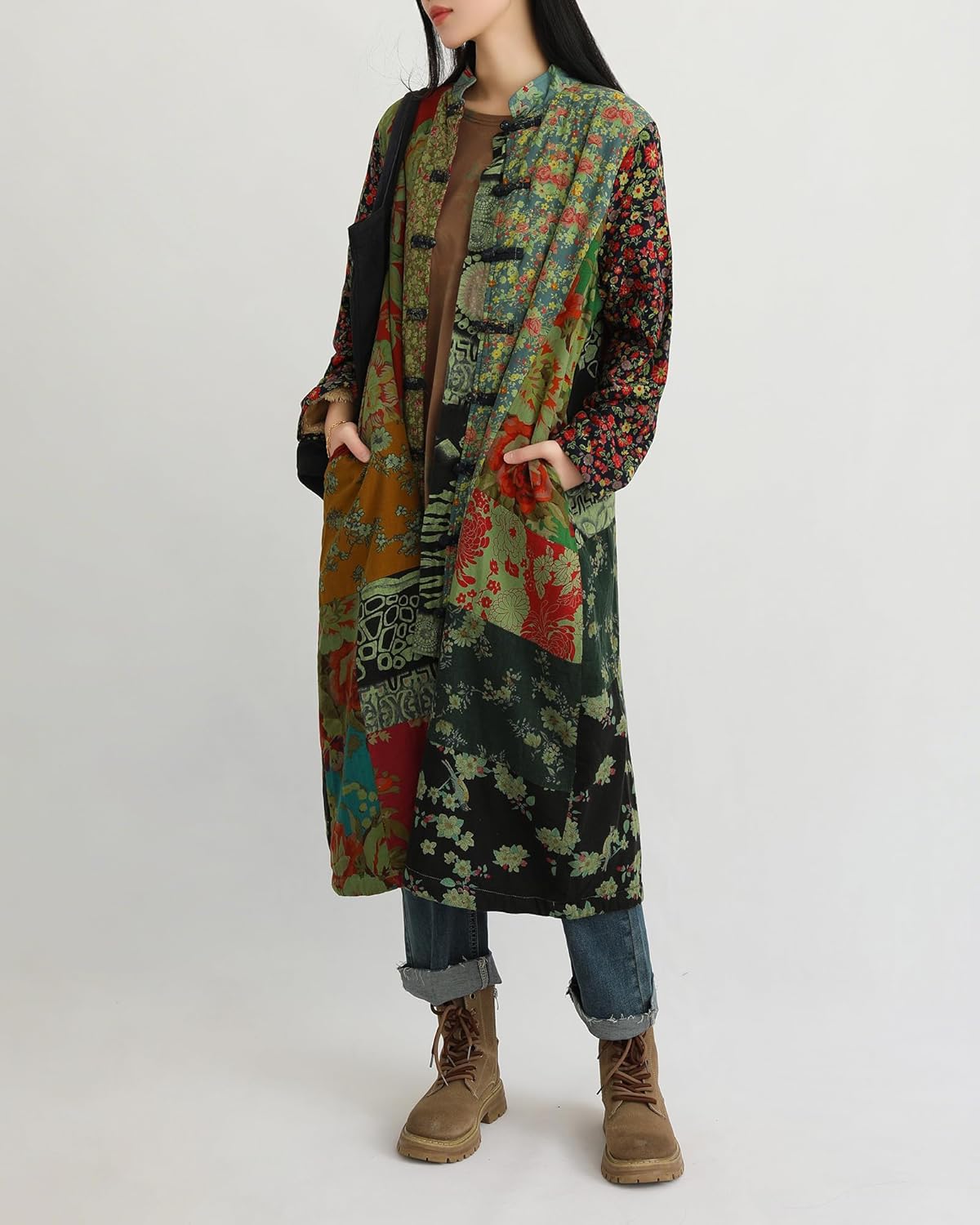 Women's Boho Floral Patchwork Fleece Coat Loose Long Fit Button Camo Trench Jacket with for Fall & Winter - Image 3