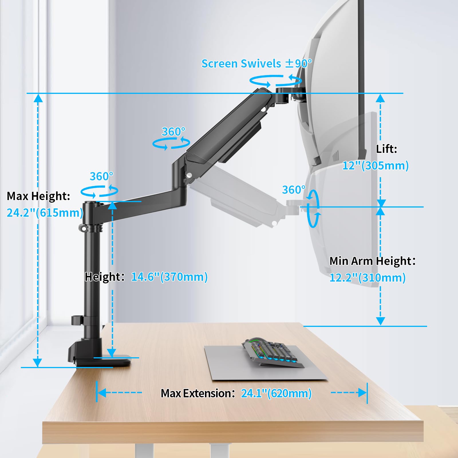 Braccio Monitor Nero per Schermi Ultralargo da 17 a 60 Pollici,Supporta 20kg, Supporto Monitor a Molla a Gas Regolabile in Altezza Con Asta, Ergonomia Rotazione VESA 75x75/100x100mm