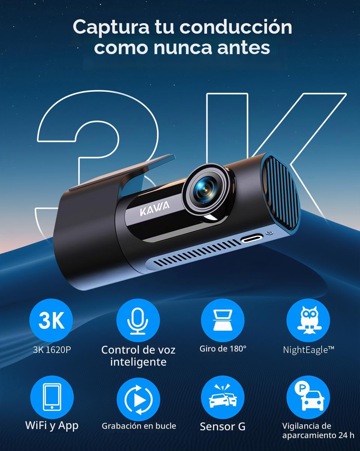 KAWA Dash CAM Coche 3K Frontal, con Tarjeta SD 32GB, Control por Voz, WiFi y App, Estacionamiento 24/7, Sensor G, Visión Nocturna, Grabación en Bucle, Dashcam Camara 360 para Camión y SUV
