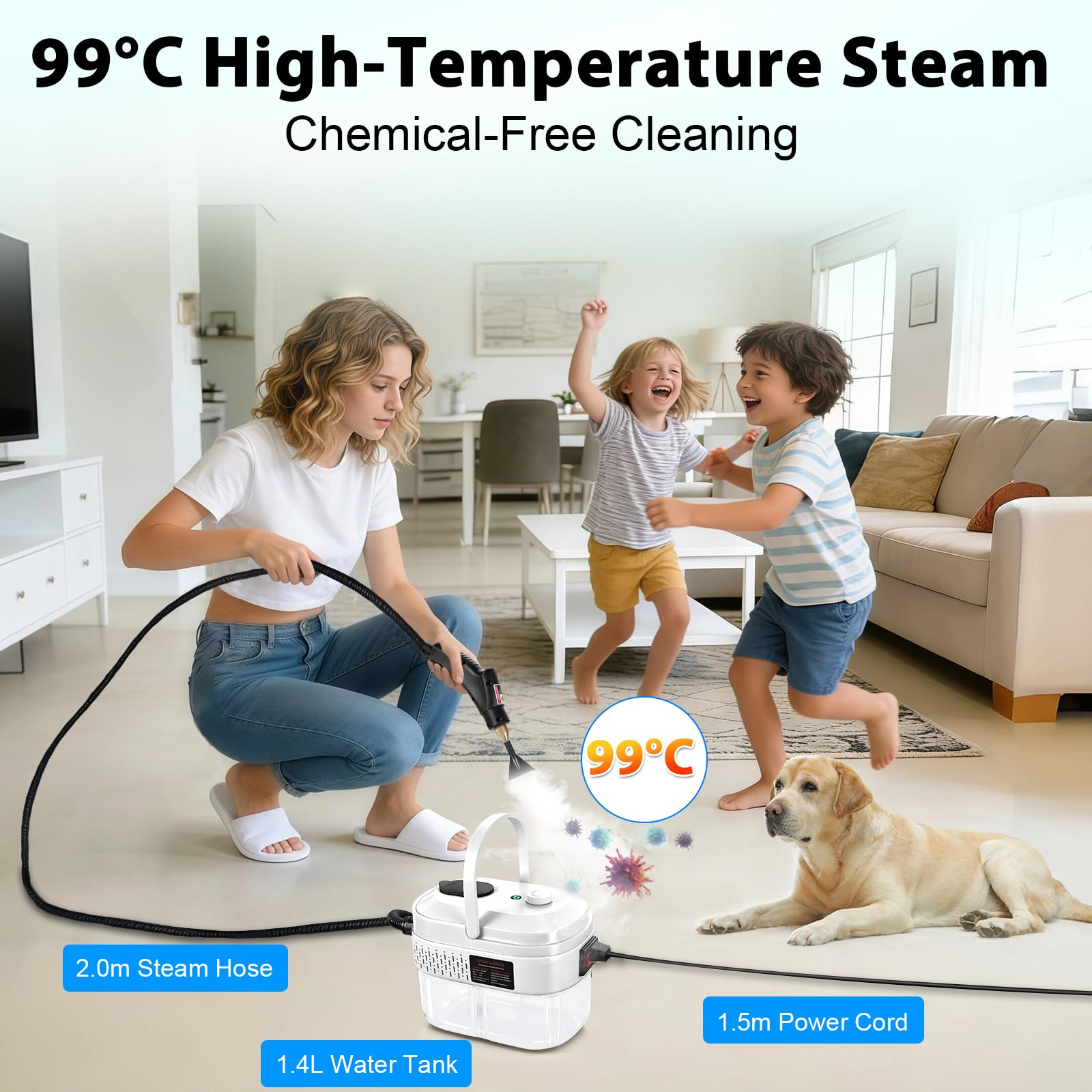 Nettoyeur Vapeur Portatif 1500W, Nettoyage Haut avec 14 Accessoires, 3bar, 15s, 1400ml Steam Cleaner