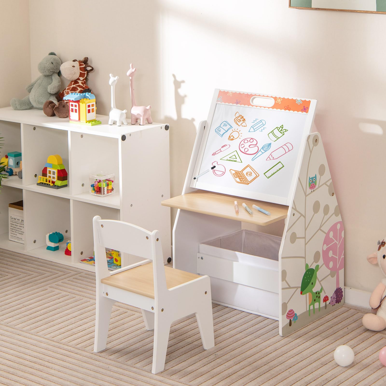 LIFEZEAL Tavolino Bambini con Sedie, Tavolino con Libreria, Lavagna Doppio Faccia e Contenitore Pieghevole per Giochi, Tavolo Multiattivita e Sedia per Cameretta, Tavolo per Bimbi 3-6 Anni (bianco)