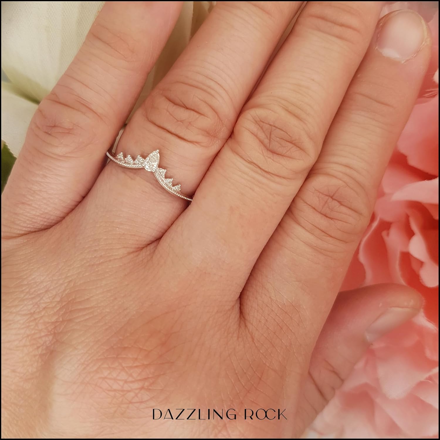 Dazzlingrock Collection 0.15 Ctw Pear & Round White Natural Diamond Women Beaded Crown Teardrop Engagement Ring, 14K Real Solid Gold