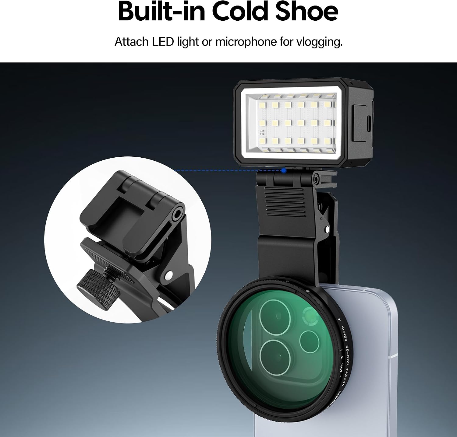 Walking Way 58mm Phone Filter Kit with 18-Layer MC-CPL & Cold Shoe, Plastic Clip-On Mount for Smartphones, Rotatable Polarizer for Vlogging, Travel & Live Streaming, Fits Phone Up to 30mm