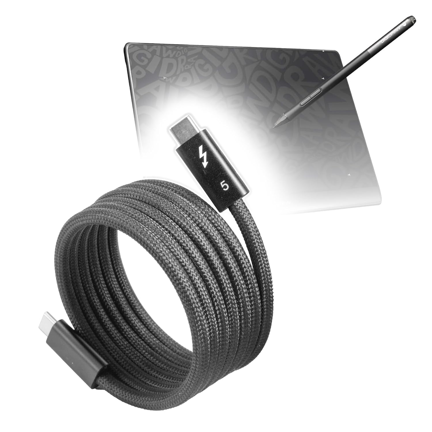 BoxWave Cable Compatible with DIGIDRAW T410 Drawing Tablet - SnapWrap Thunderbolt 5.0 Cable (5ft 240W), Magnetic Self-Coiling Nylon Braided Retractable - Jet Black