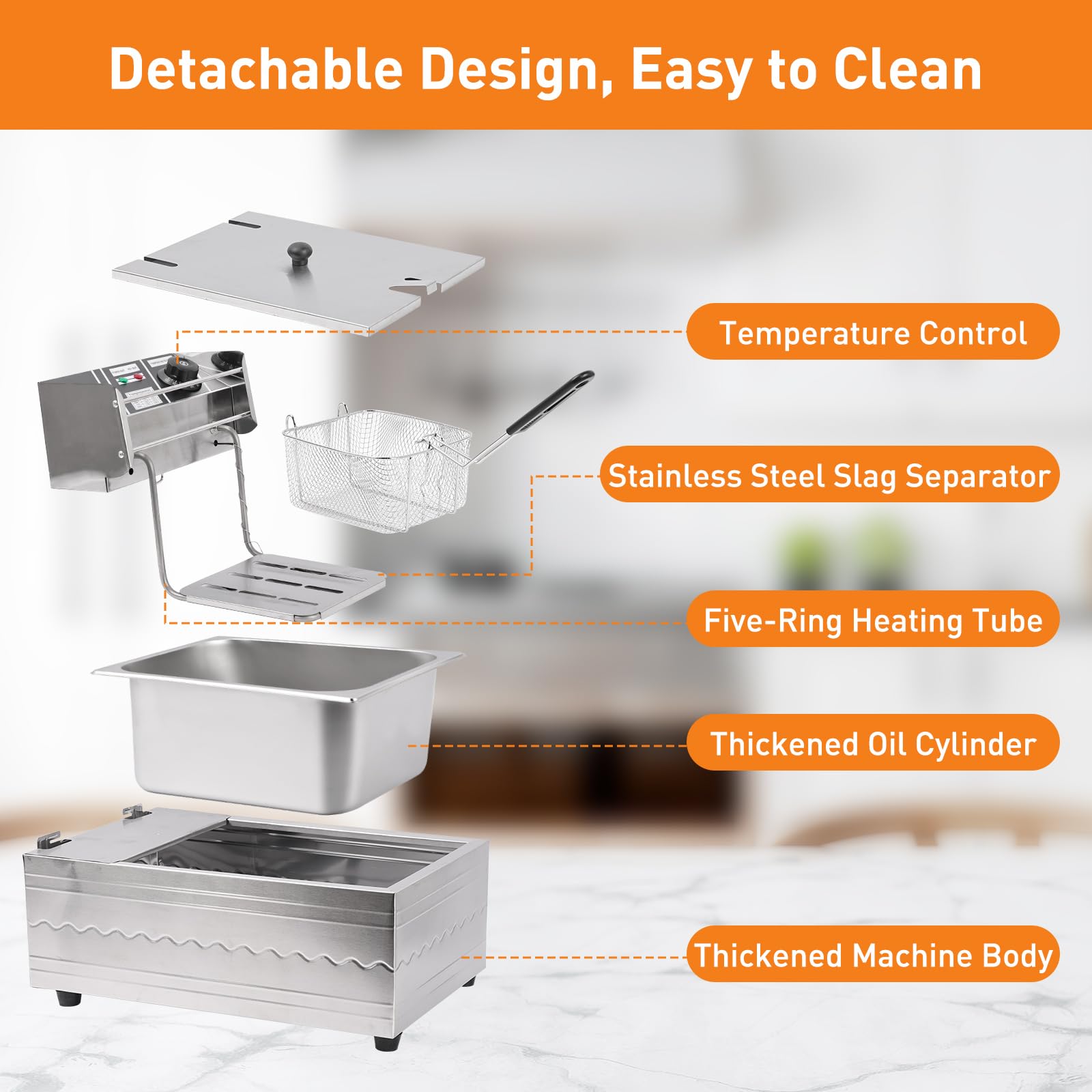 Freidora eléctrica – Freidora eléctrica de gran capacidad de 6 litros con cesta desmontable, control de temperatura ajustable, freidora comercial de acero inoxidable de 1600 W para restaurante y hogar 7