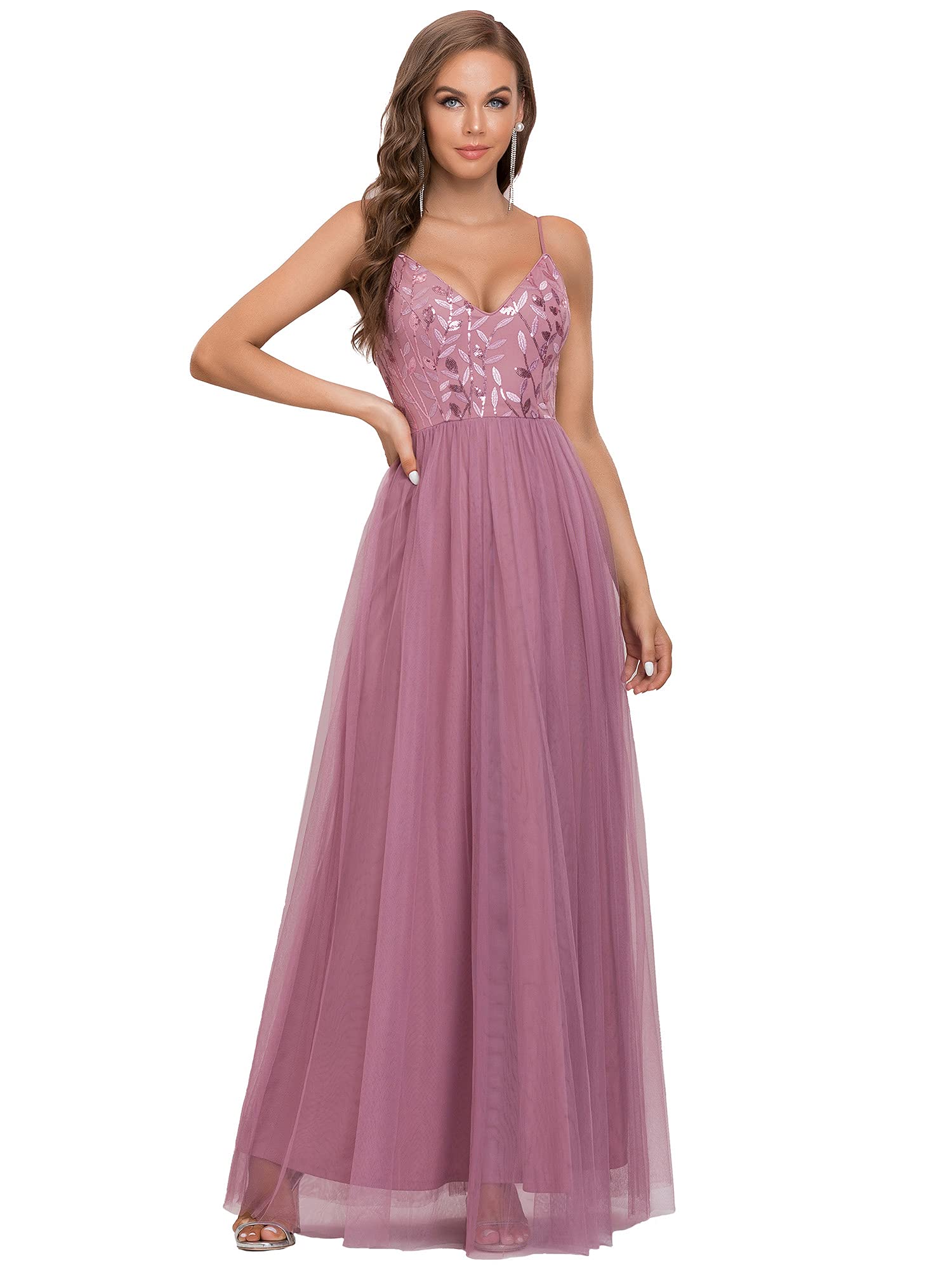 Ever-Pretty Vestido de Fiesta Largo para Mujer A-línea Escote en V Tul sin Mangas con Lentejuelas EE50090