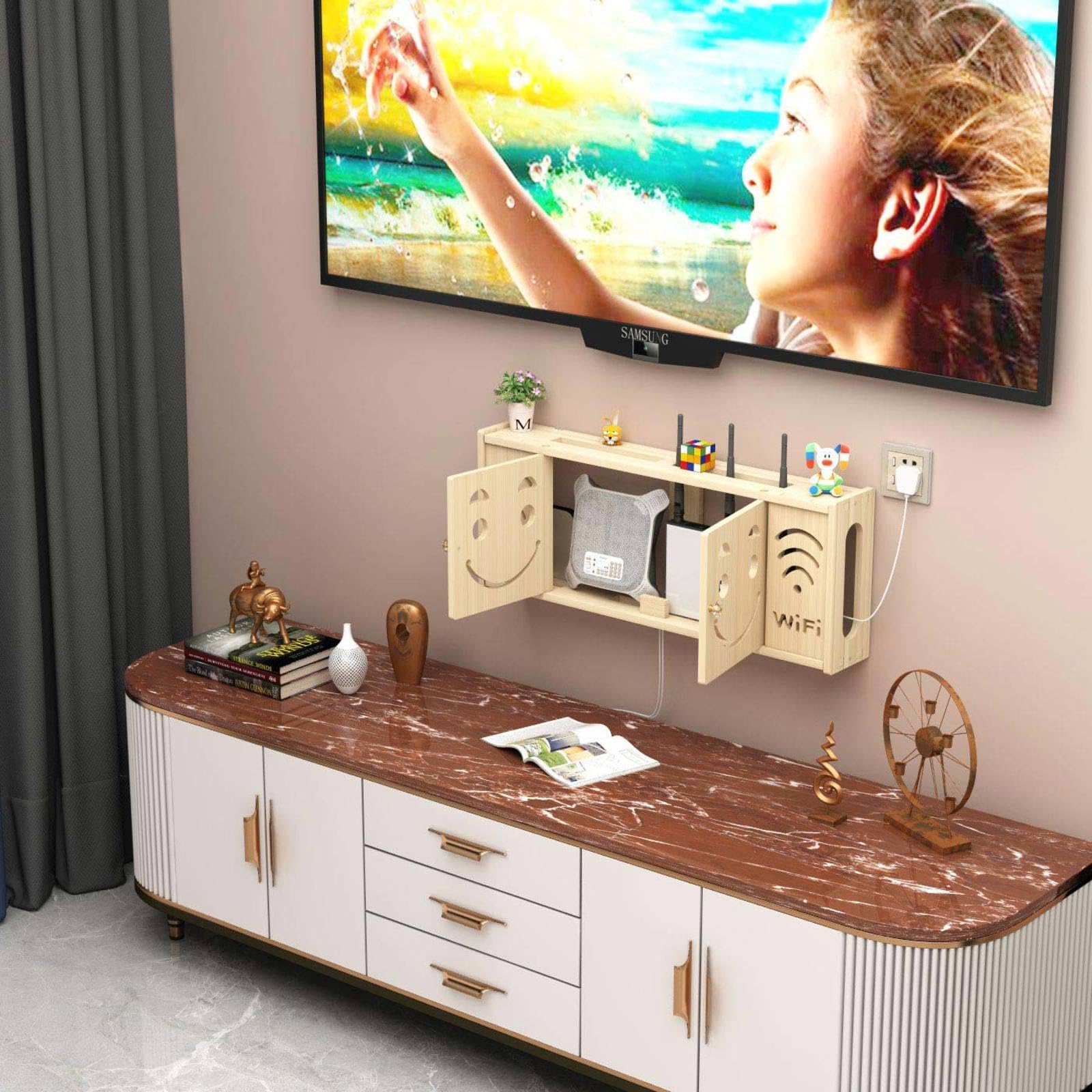 Porta WiFi da Parete Scatola del Router Mensola TV Decoder Scatola Router Muro Scatola Porta Oggetti da Muro Supporto Telefono Parete Scatola,A-48x24cm