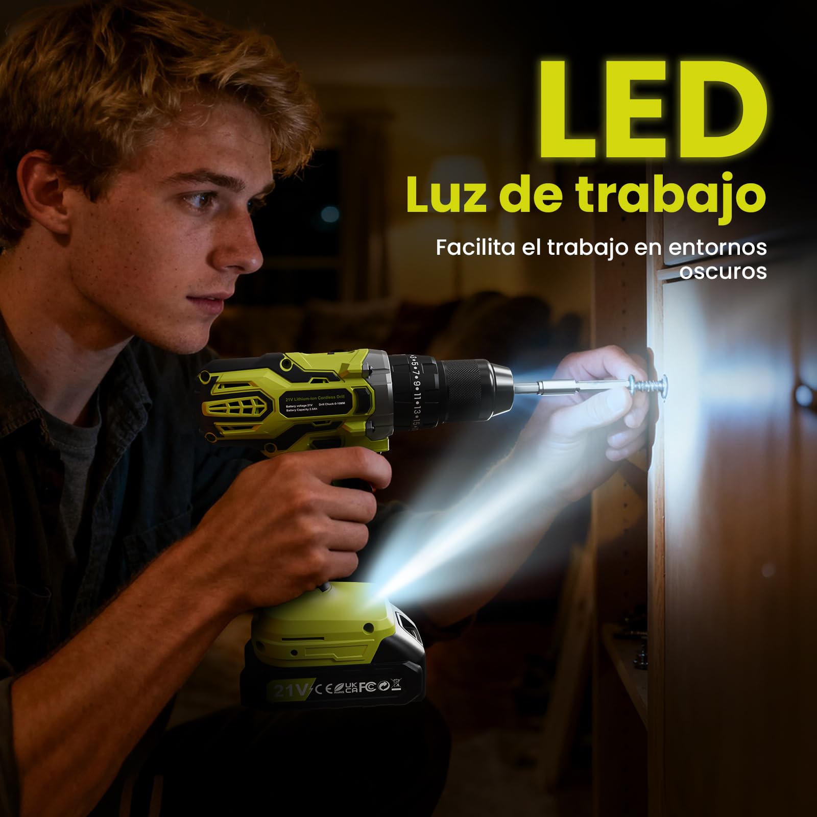 21V Taladro Percutor a Bateria, 25+3 Ajuste Par Taladro Percutor Inalámbrico, 45NM Taladro Atornillador Batería, 2x2.0Ah Baterías, 2 Velocidad, 10mm Portabrocas Metálica, 29 Accesorios, LED