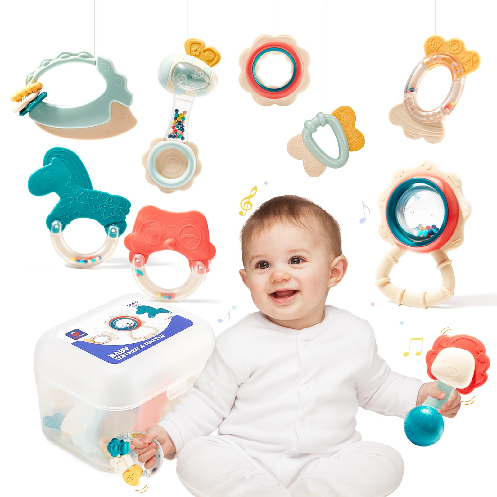 hahaland Rassel Beißring Baby Set, Silikon Baby Spielzeug ab 3 6 9 Monate, 10 PCS Shaker helfen Baby beim Zahnen und Greifen, BPA-frei Beissring Sensorik Spielzeug für Neugeborene Kleinkinder Geschenk