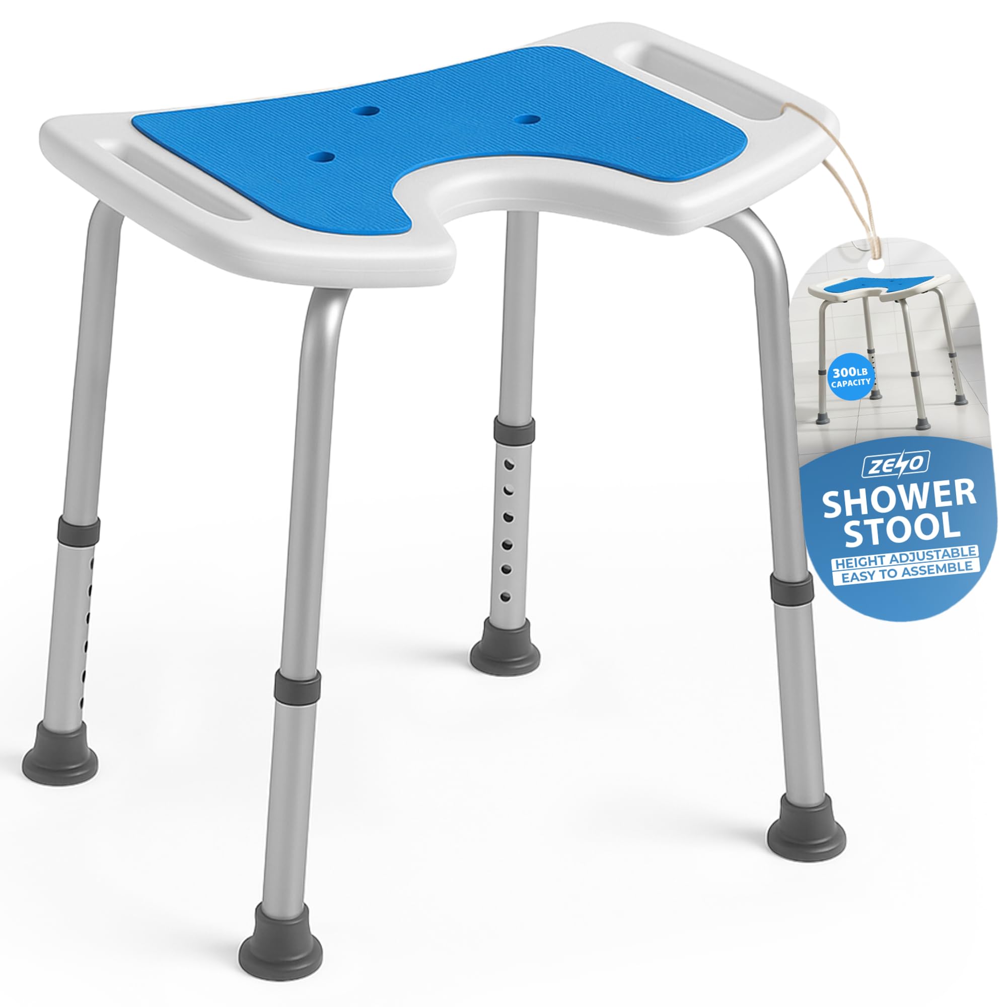 Zeno White Shower Stool 7 Adjustable Heights | Shower Chair With 300Lb Capacity, Non Slip Feet & Drainage Seat | Lightweight Bathroom Stool With Side Handles | Shower Seat Support For Elderly & Pregnant
