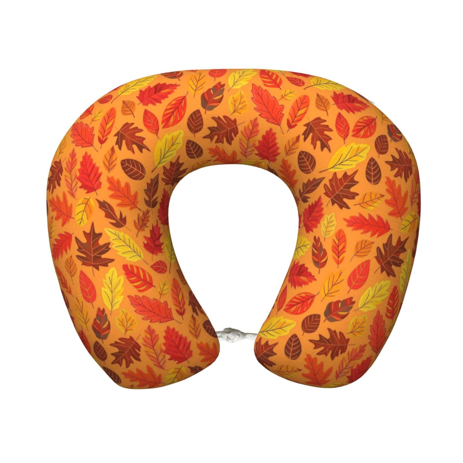 peiyeety Autumn Leaves Print Travel Pillow Memory Foam, Portable Neck Pillow for Airplane, Car and Office