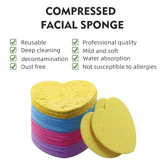 Facial Sponges Compressed Natural Cellulose Sponge Spunspon Round/Heart Shape Face Sponge for Face Cleansing Exfoliating and Makeup Removal 100 Count / 2 - Pack, Mixed