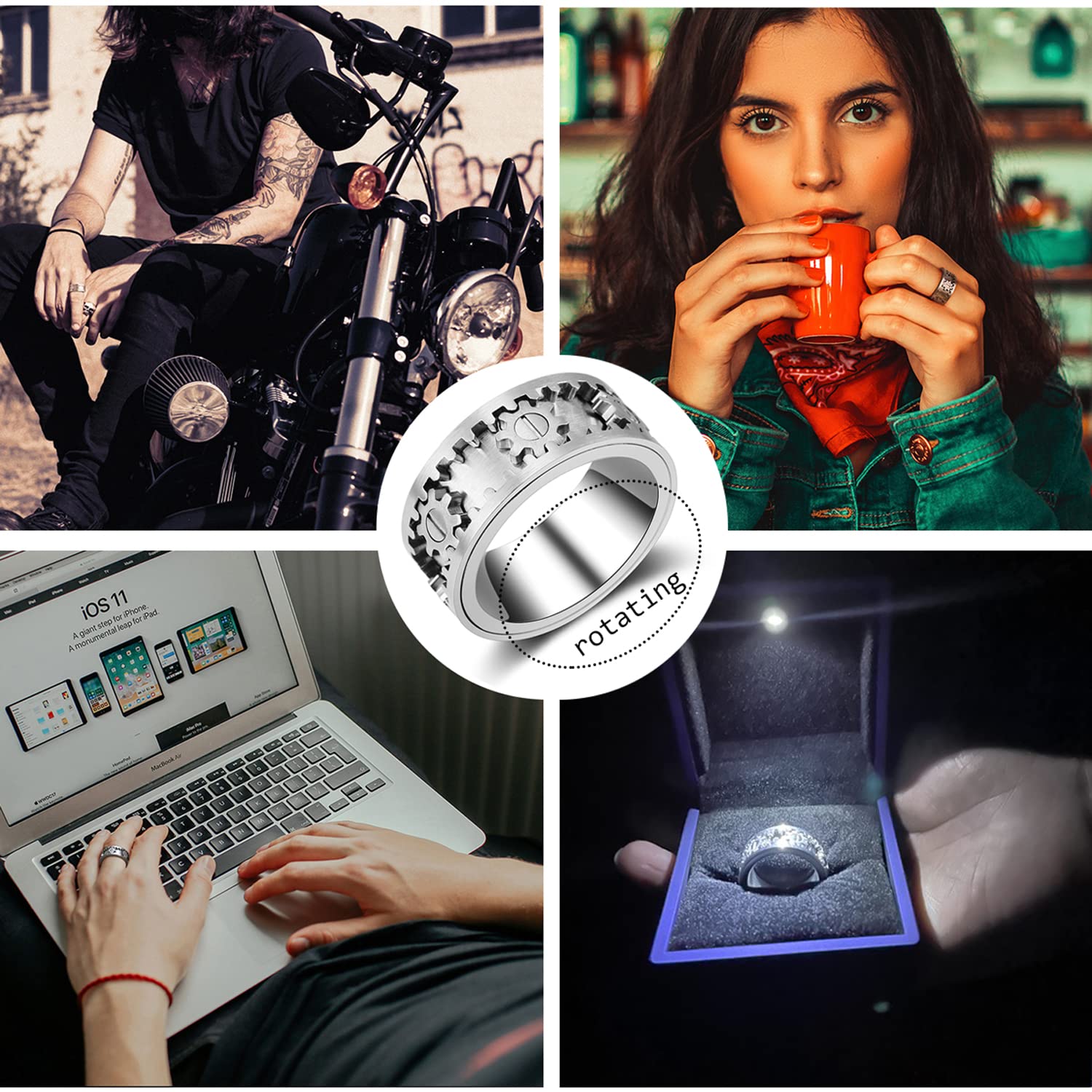 Anillo giratorio antiestres para hombre y mujer, Spinner fidget ring acero inoxidable, Anillo giratorio de engranajes mecánicos, Joyería de moda con caja de regalo